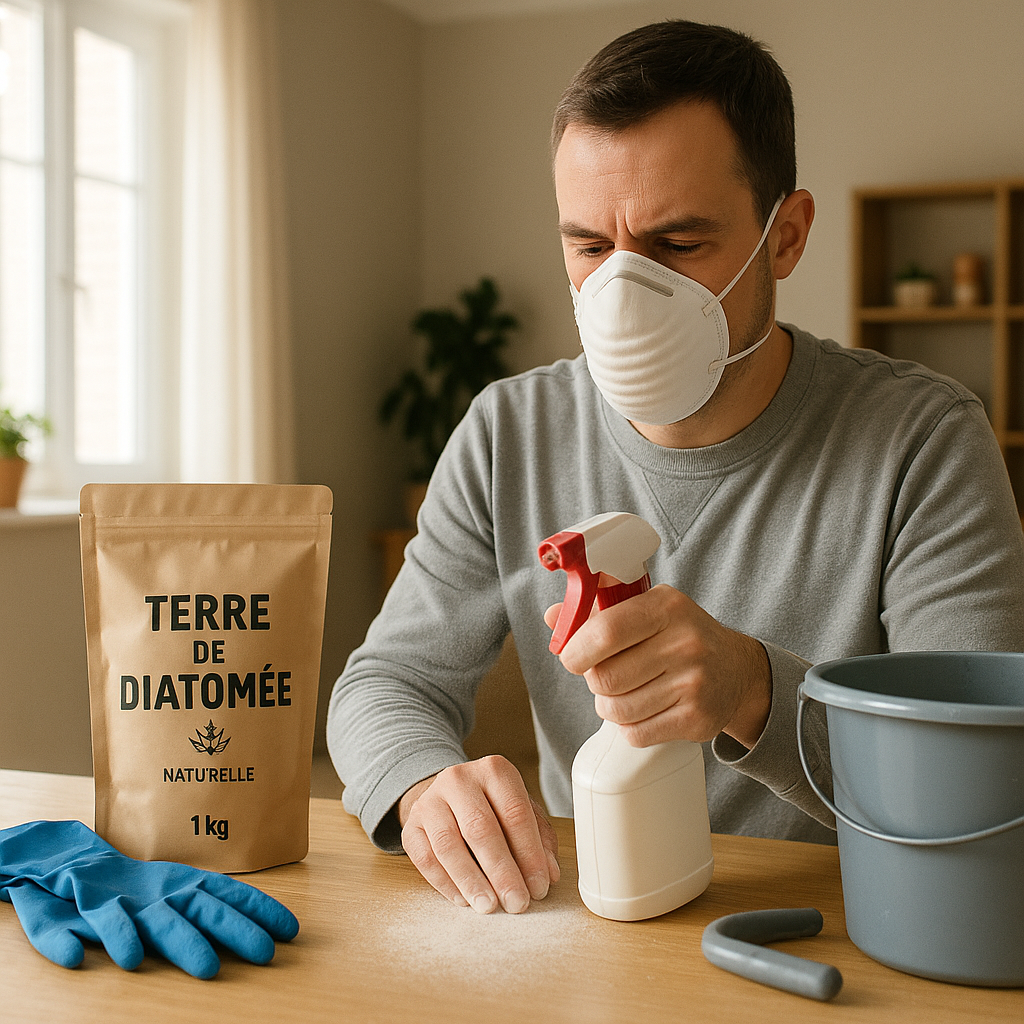 Personne manipulant de la terre de diatomée avec des mesures de sécurité dans un environnement domestique.