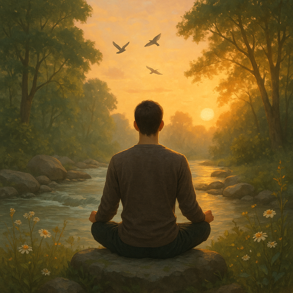Individu méditant dans un environnement naturel paisible, symbolisant la prise de conscience de soi et l'évasion des schémas relationnels toxiques.