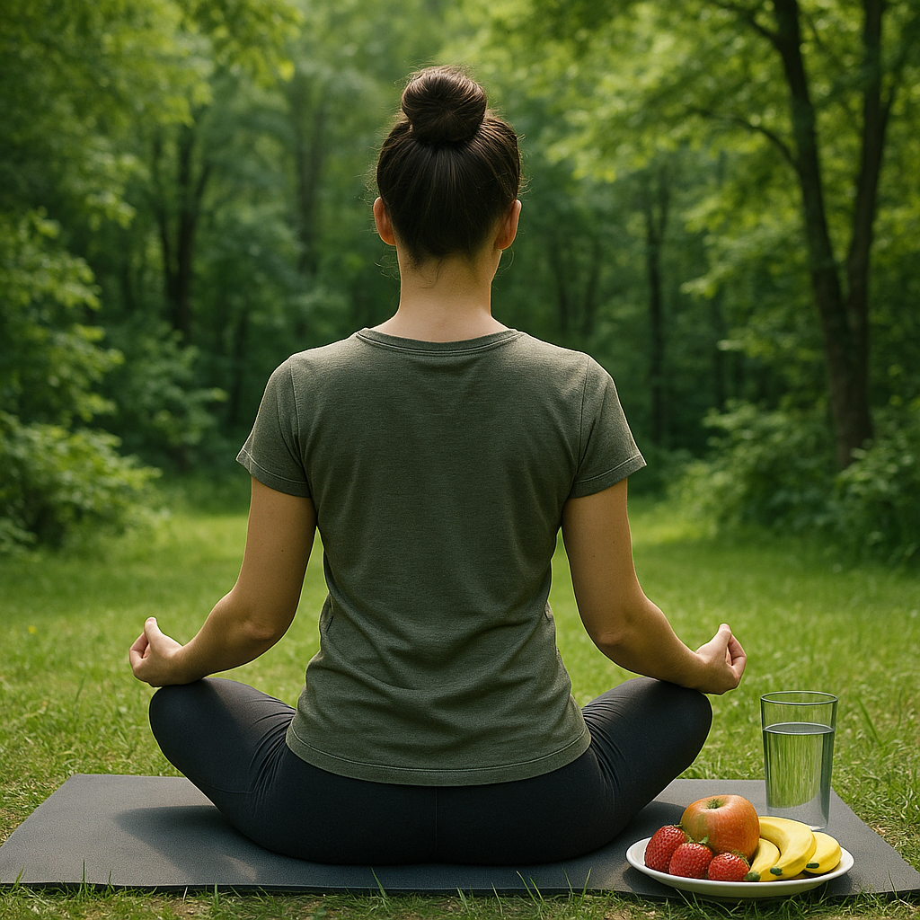 Personne méditant en pleine nature avec des fruits et de l'eau.