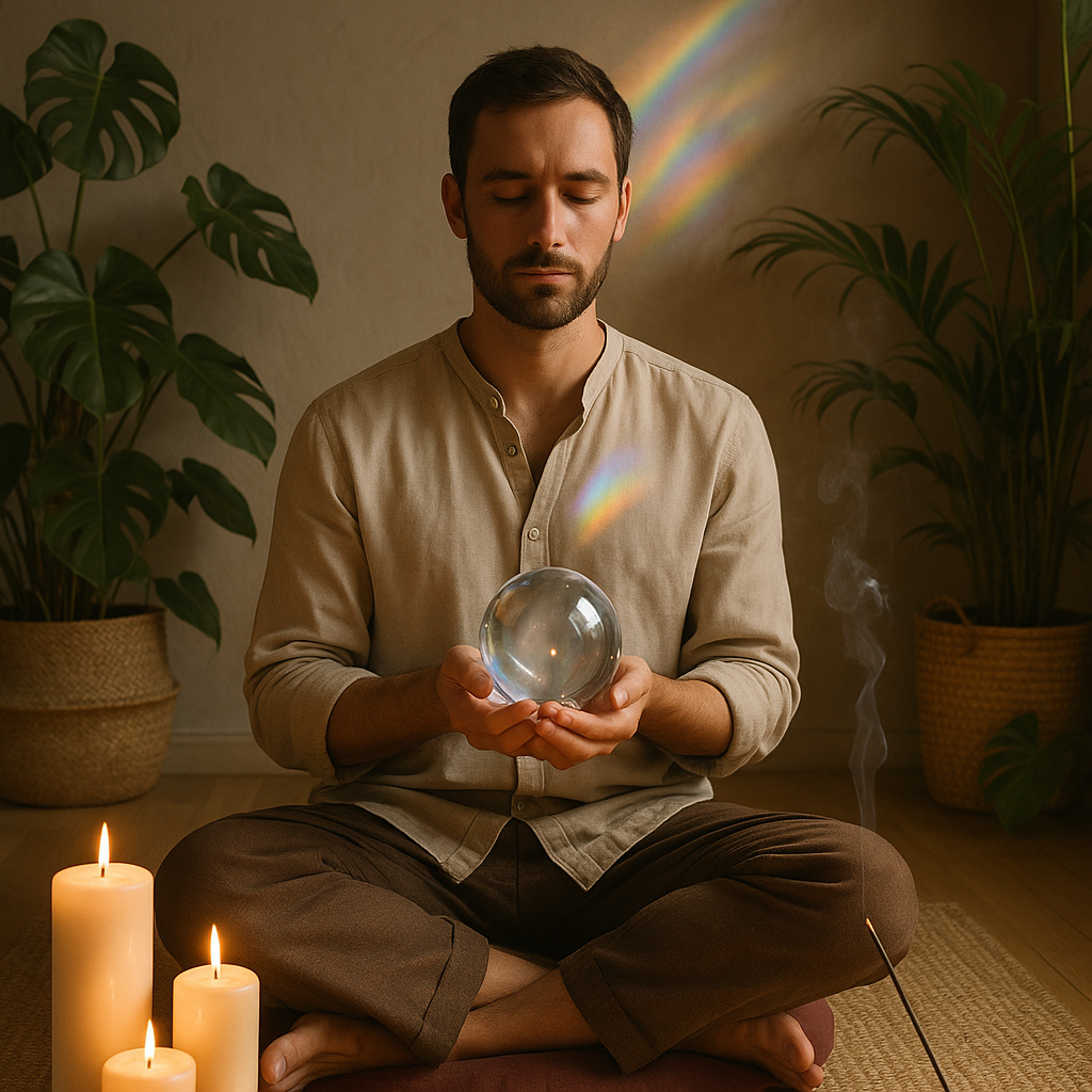 Personne méditant avec une boule de cristal dans un environnement intérieur zen, entourée de plantes et de bougies.