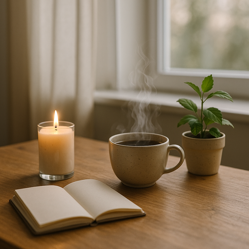 Espace de méditation avec une bougie, une tasse de thé et un carnet ouvert sur une table en bois.