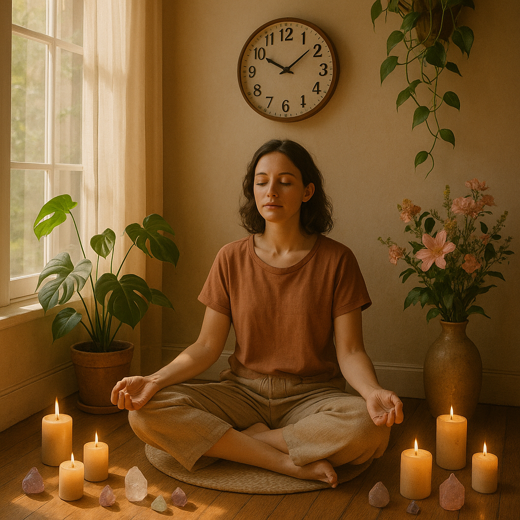 Personne méditant dans un coin serein avec une horloge indiquant 14h14.