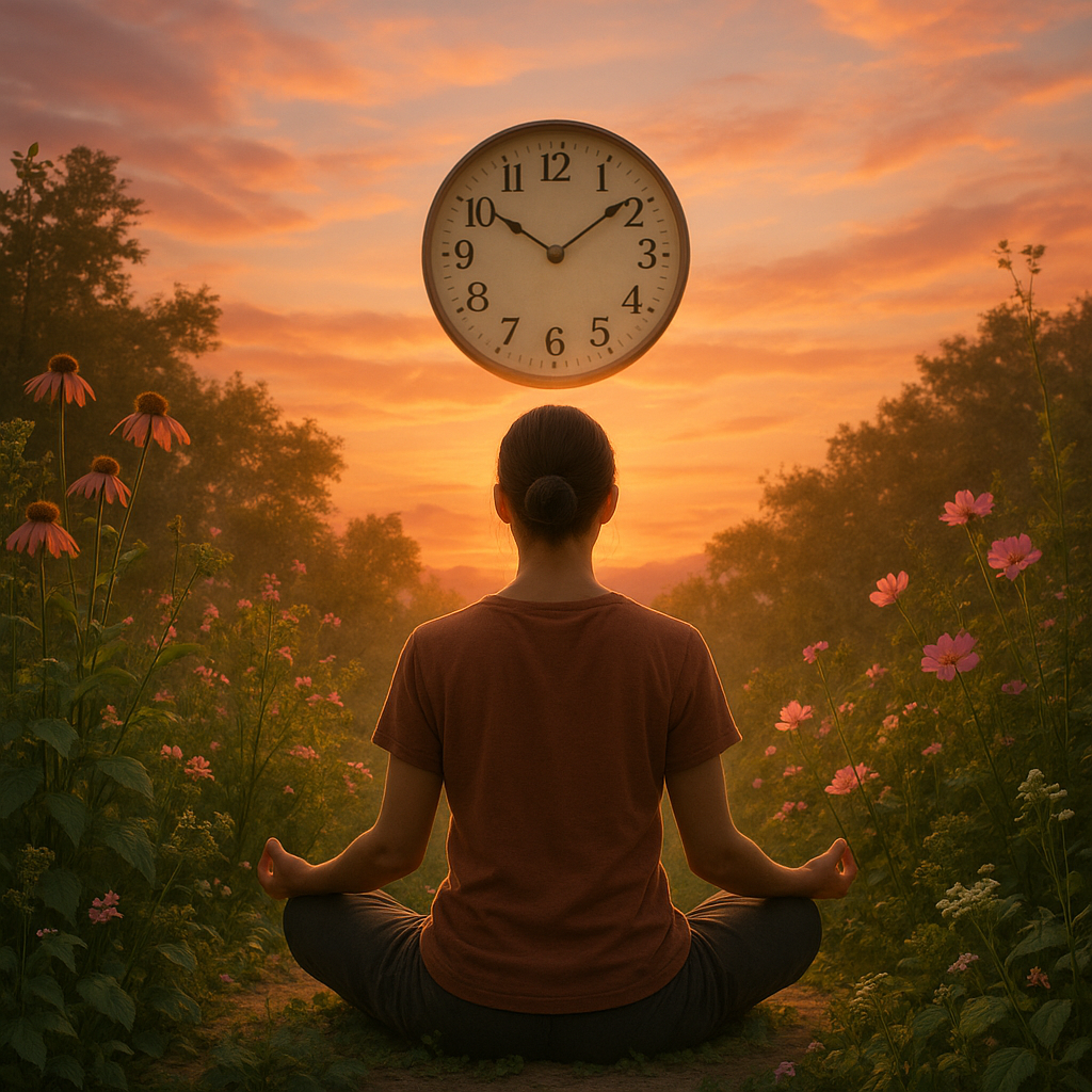 Image d'une personne méditant dans la nature avec une horloge au crépuscule affichant 10h10.
