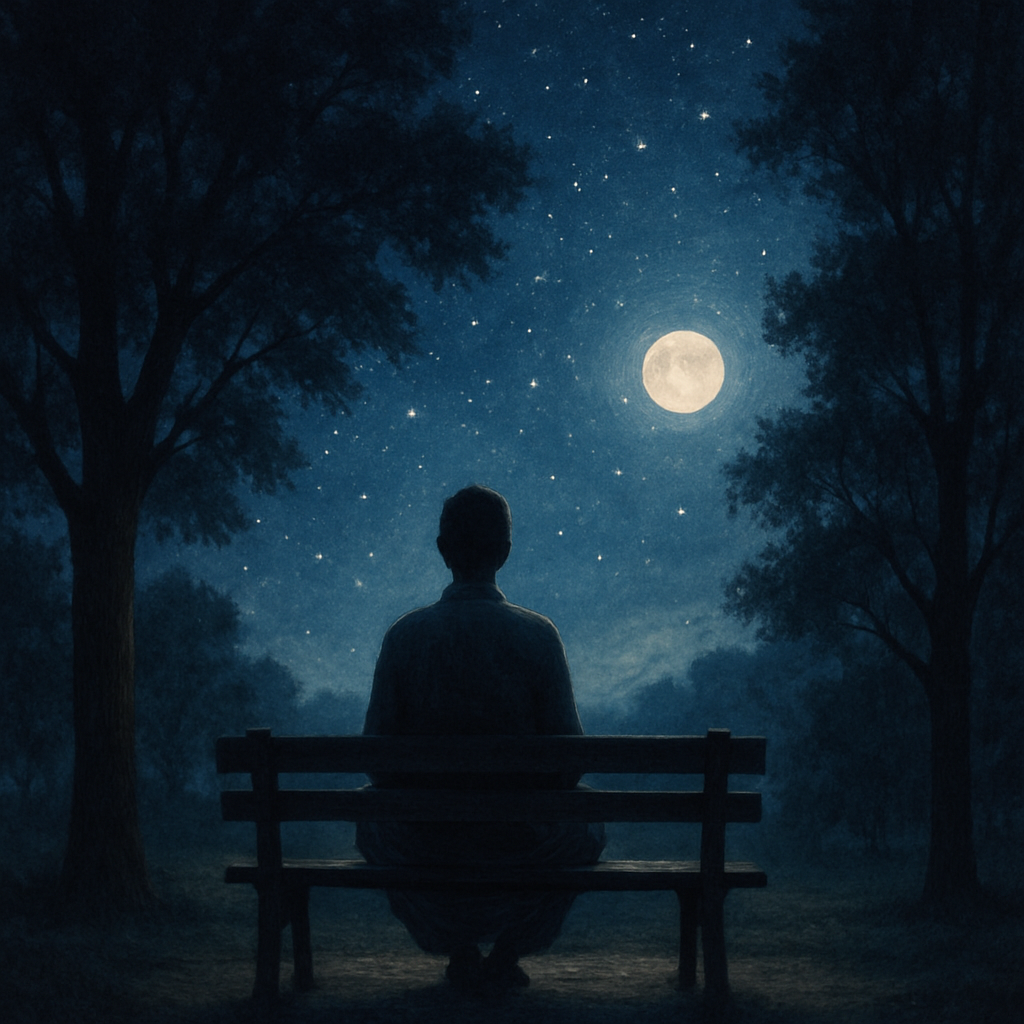 Une personne méditant dans un parc sous un ciel étoilé, symbole de connexion spirituelle et de paix intérieure.