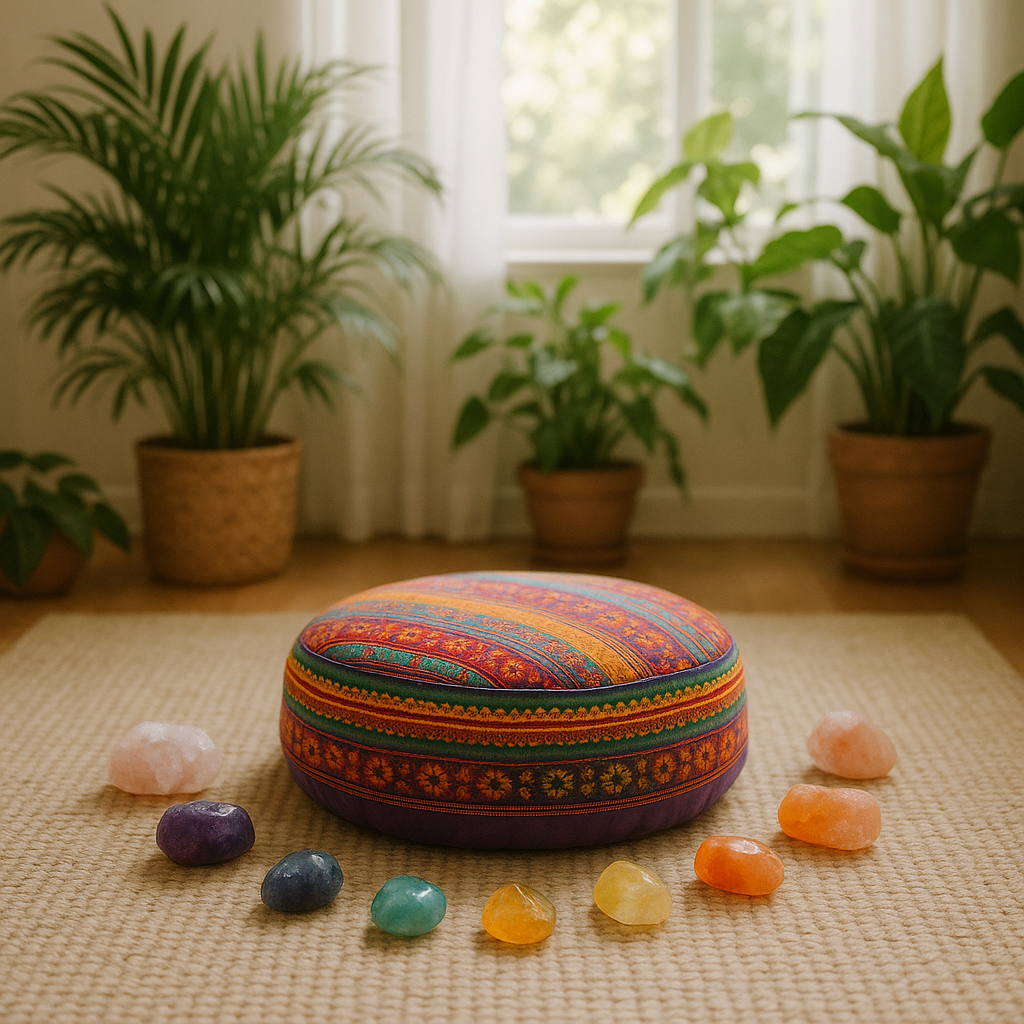 Espace de méditation zen avec des cristaux et des plantes pour harmoniser les chakras.