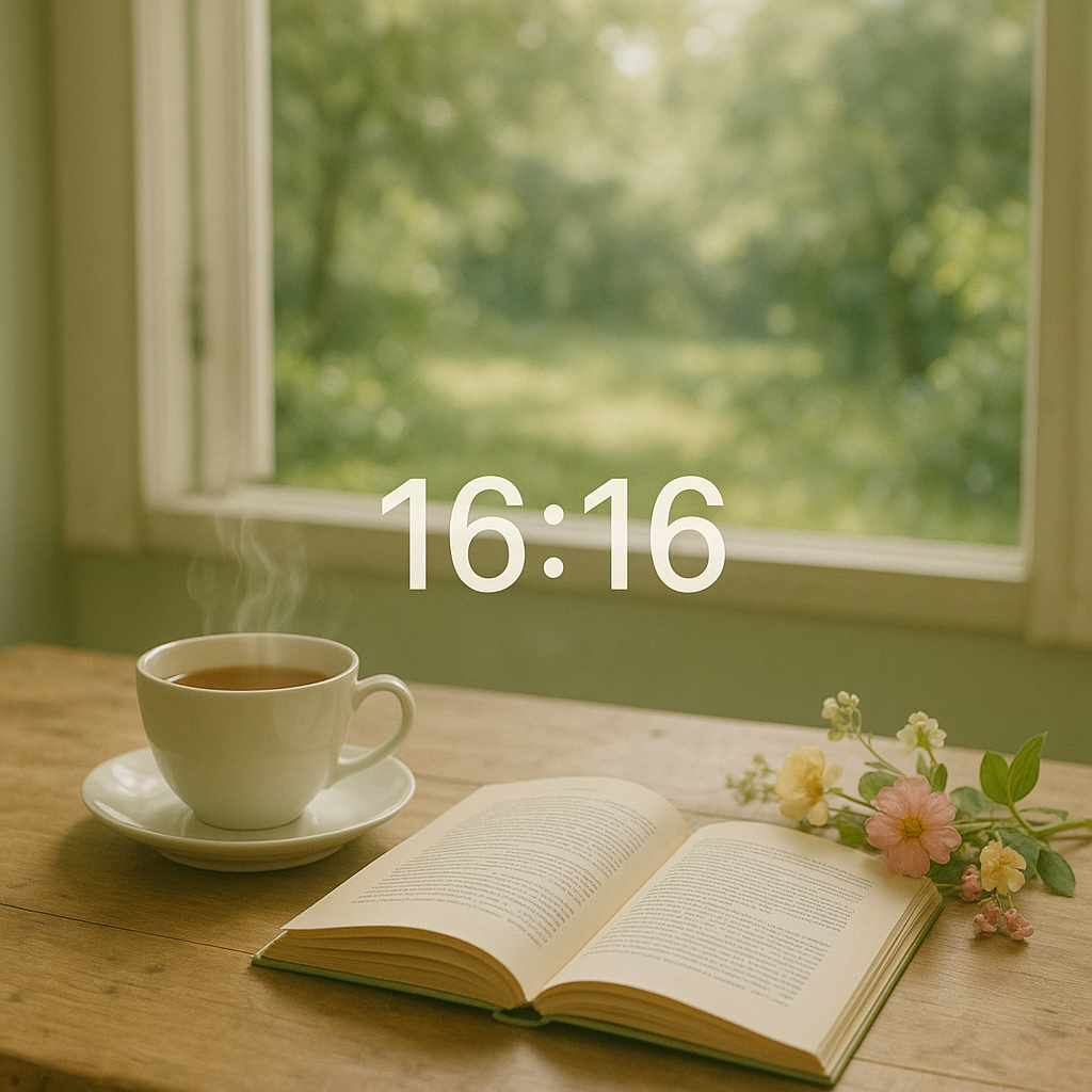 Une table avec une tasse de thé fumante et des fleurs de Bach, représentant un moment de sérénité lié à l'heure miroir 16h16.