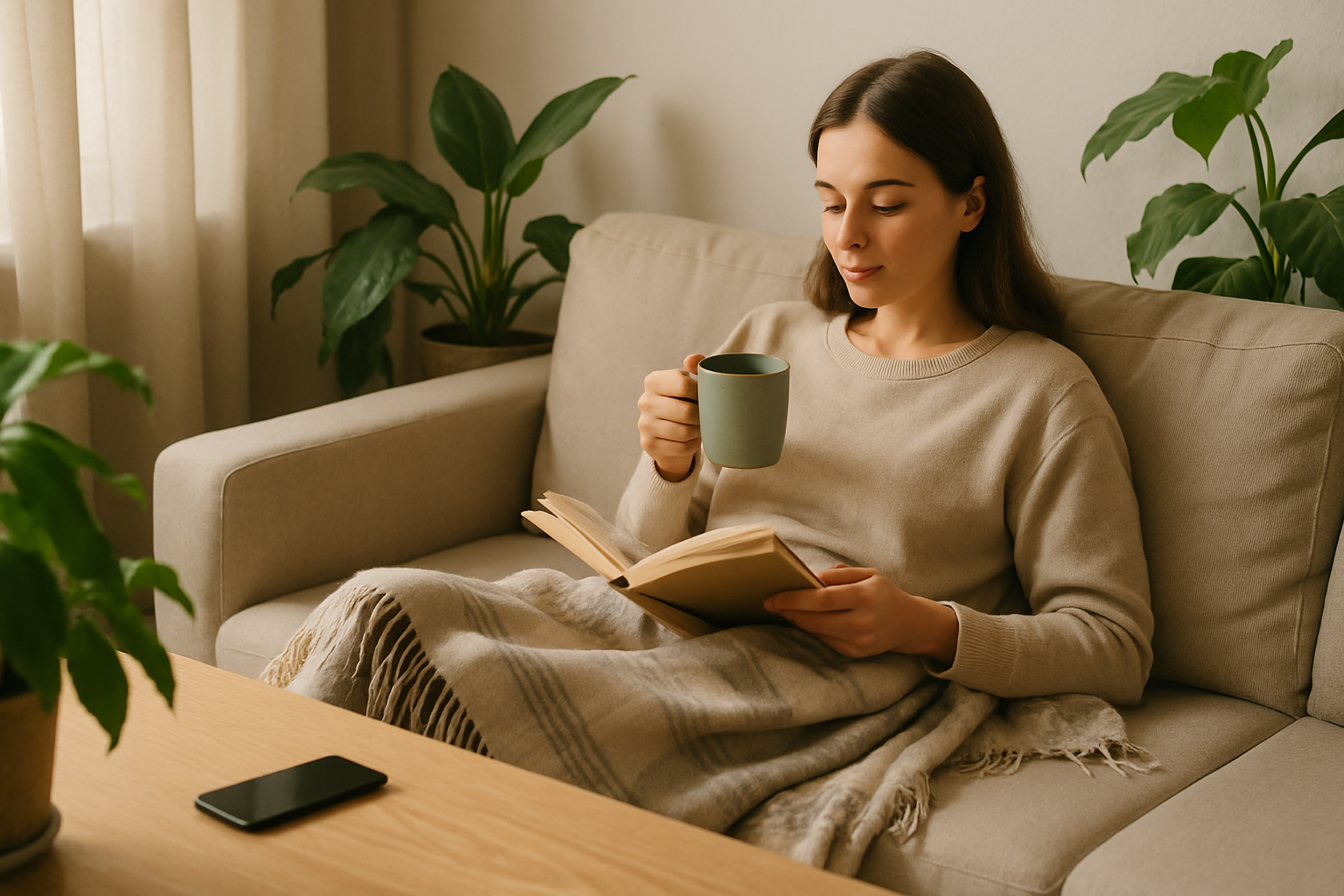 Moment de pause digitale dans un intérieur apaisant