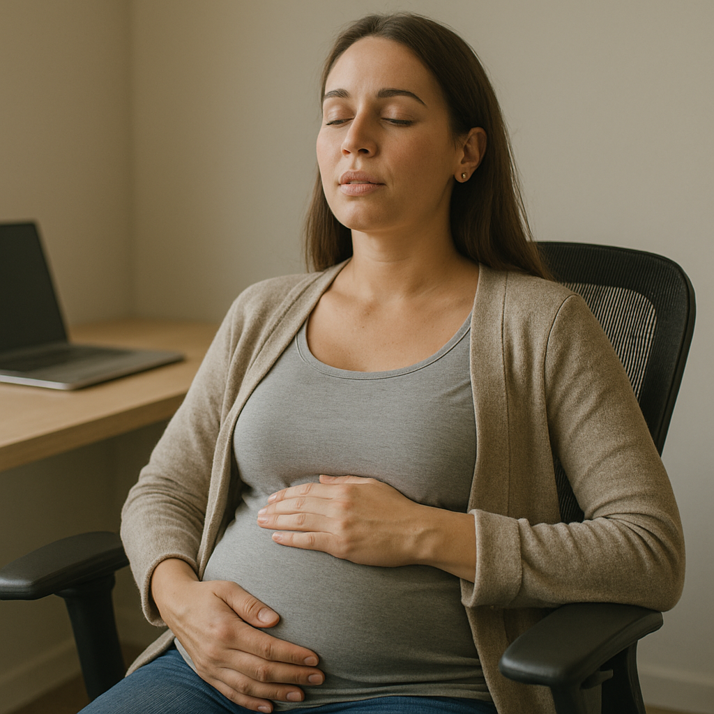 Future maman pratiquant un exercice de respiration consciente à son poste