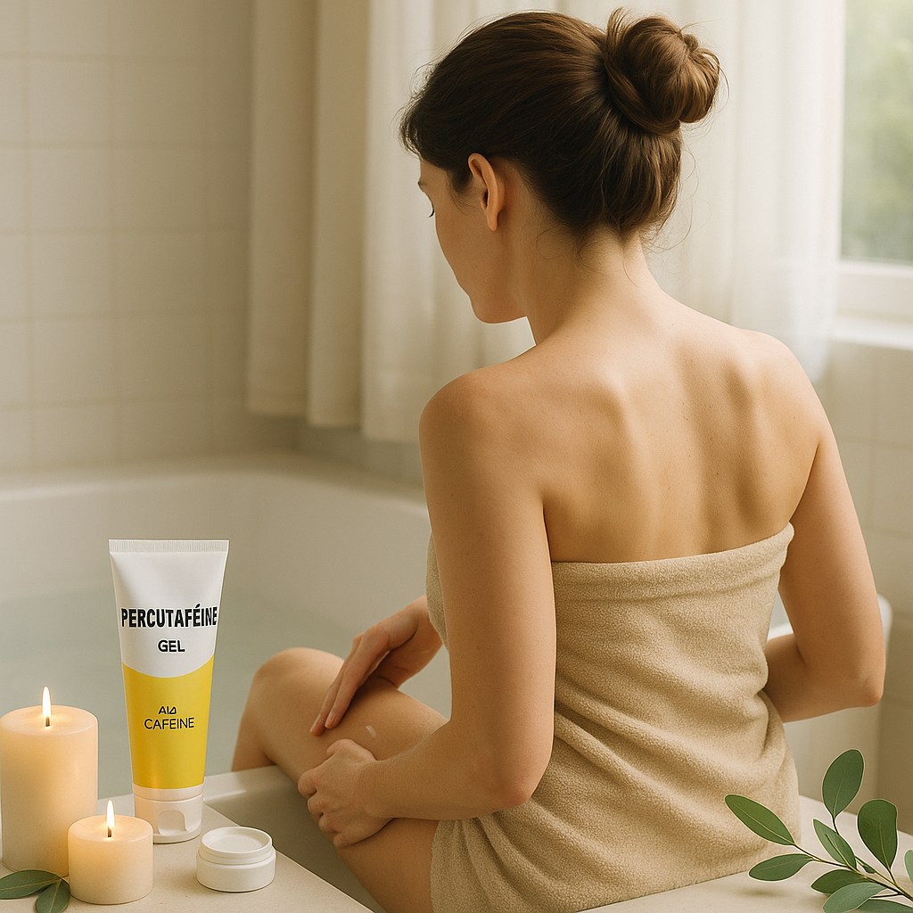 Une femme appliquant le gel Percutaféine sur sa cuisse dans une salle de bain relaxante.
