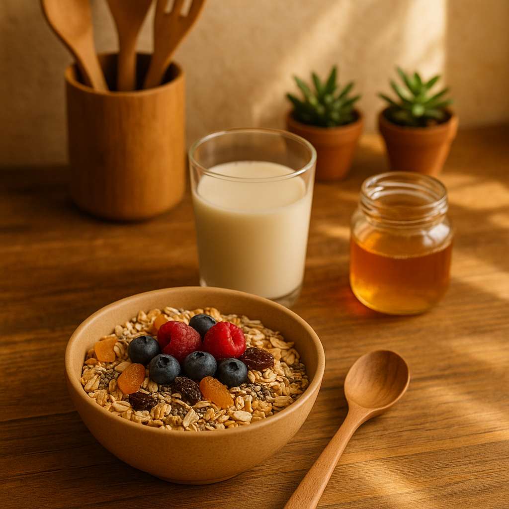 Petit-déjeuner équilibré avec bol de muesli maison, lait végétal et miel sur une table en bois.