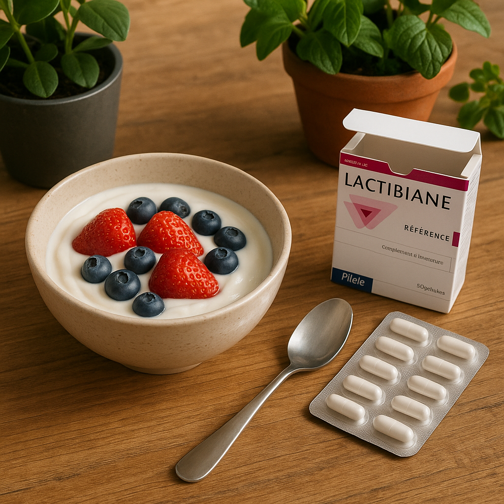 Bol de yaourt garni de fruits frais avec une boîte de probiotiques Lactibiane sur une table en bois.