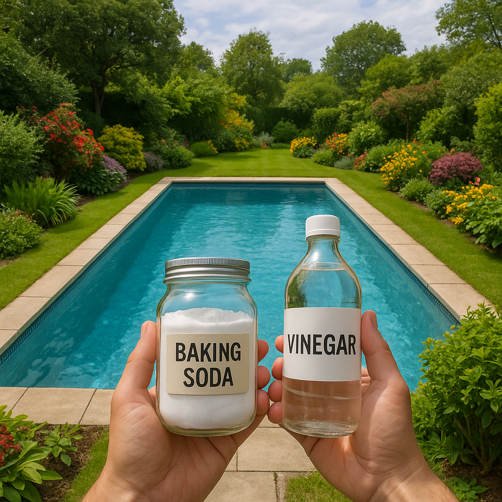 Vue plongeante sur une piscine claire avec des remèdes naturels tenus par une main.