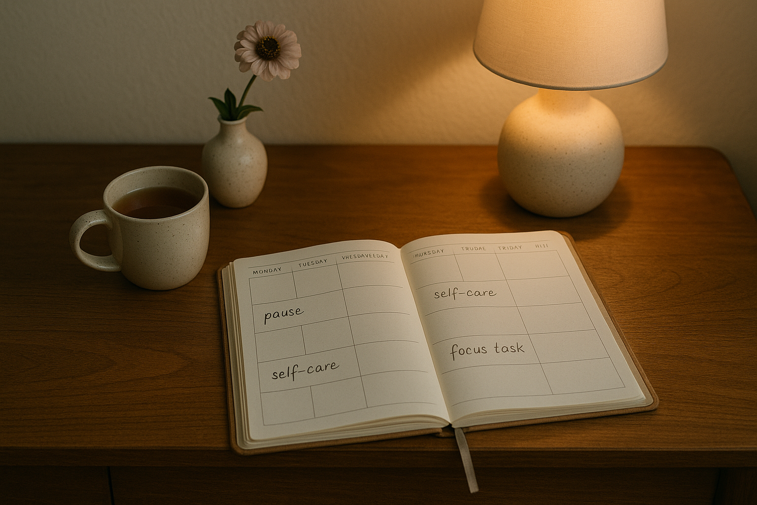 Planning de la semaine annoté avec des moments bien-être, sur un bureau calme