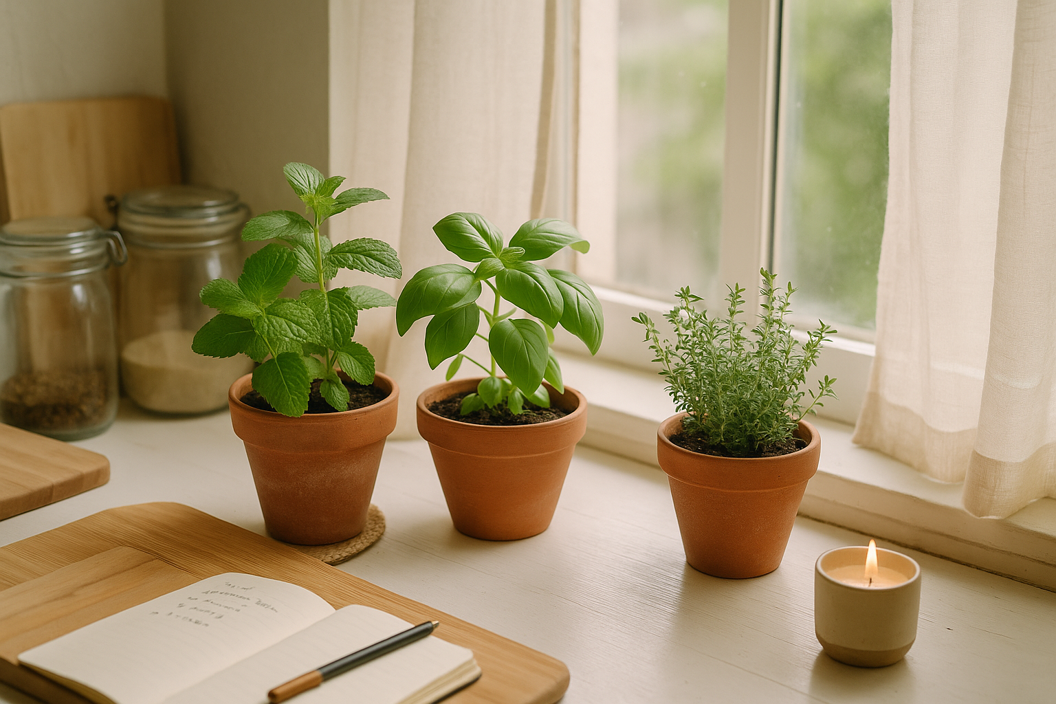 Herbes aromatiques en pots sur un rebord de fenêtre