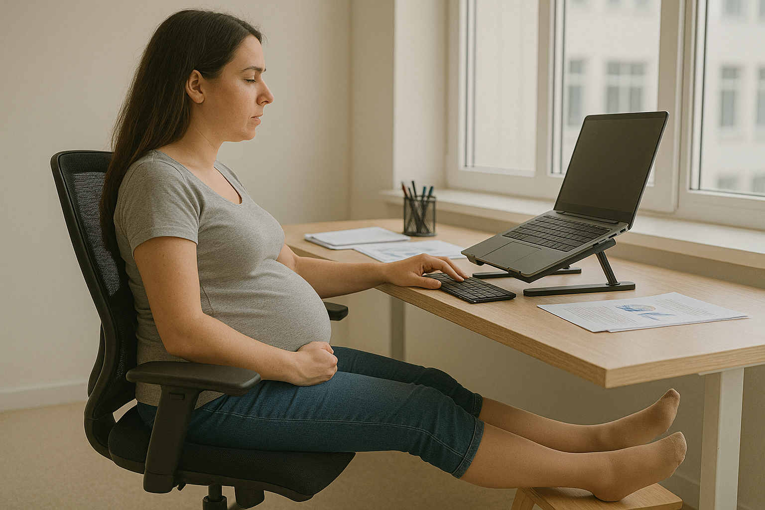 Femme enceinte au bureau, pieds surélevés pour soulager les jambes lourdes