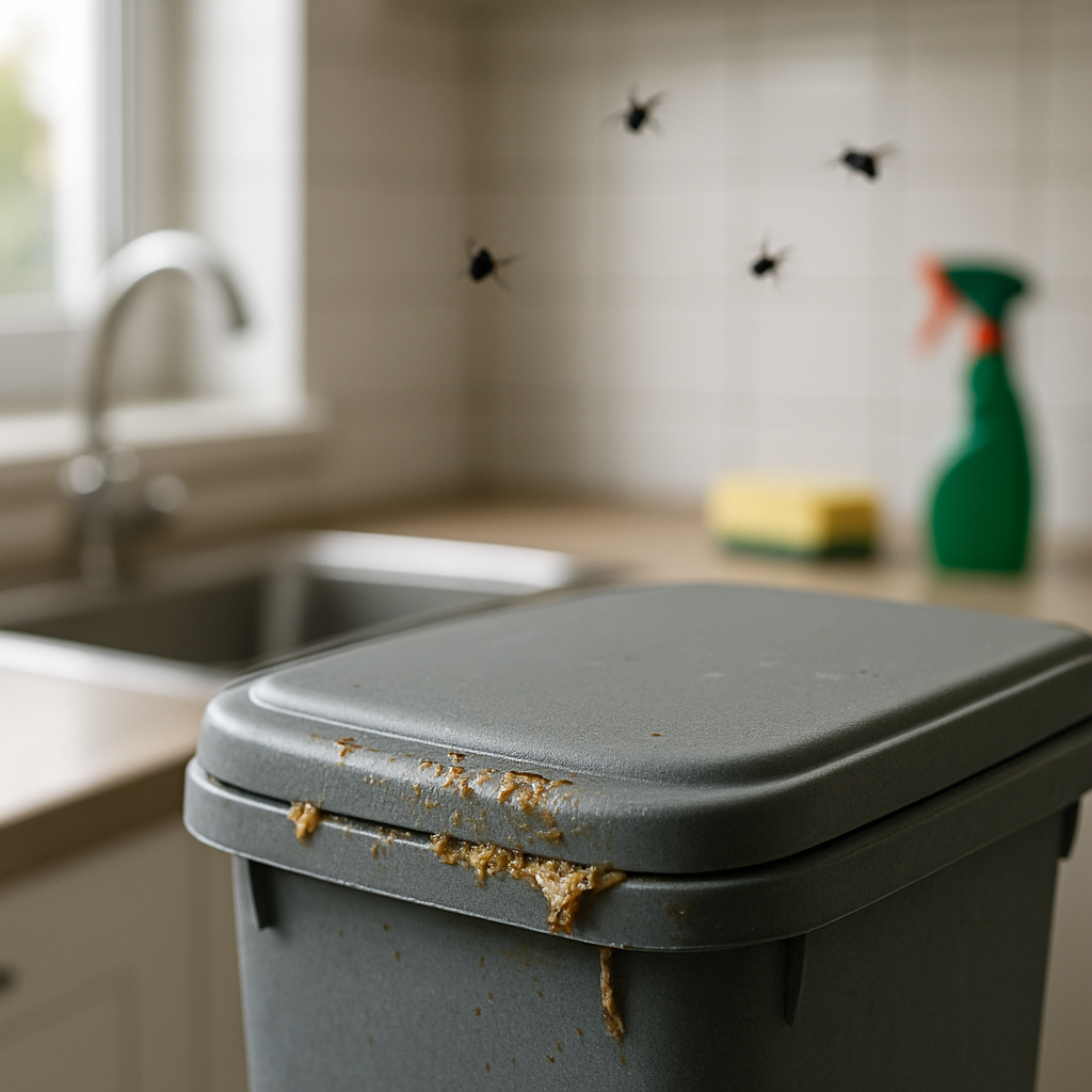 Gros plan sur une poubelle fermée avec des mouches floues, symbole d'une possible infestation de mouches.