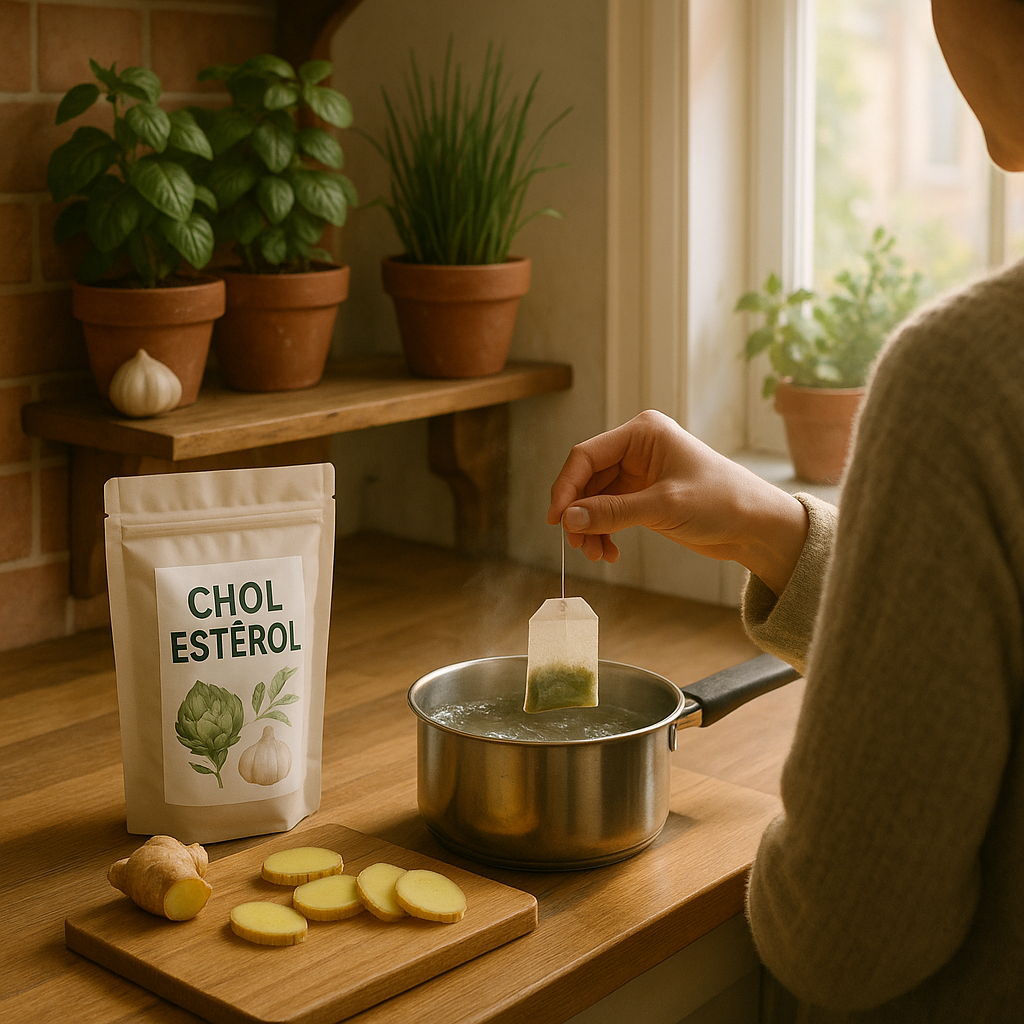 Personne préparant une infusion pour le cholestérol dans une cuisine chaleureuse avec du thé vert et du gingembre.