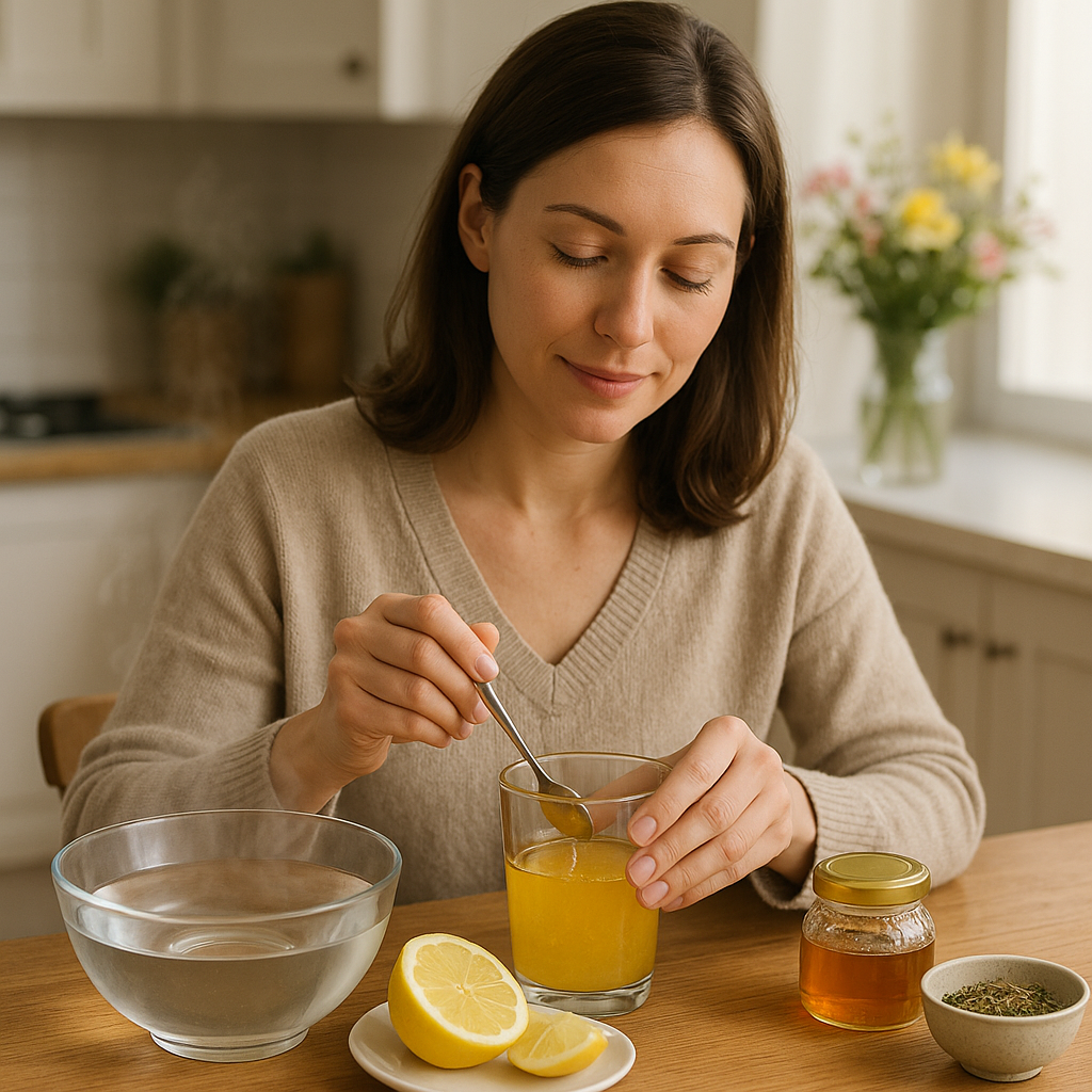 Une femme prépare un remède maison contre la toux dans une cuisine lumineuse, montrant des ingrédients naturels comme le miel, le citron et le thym.