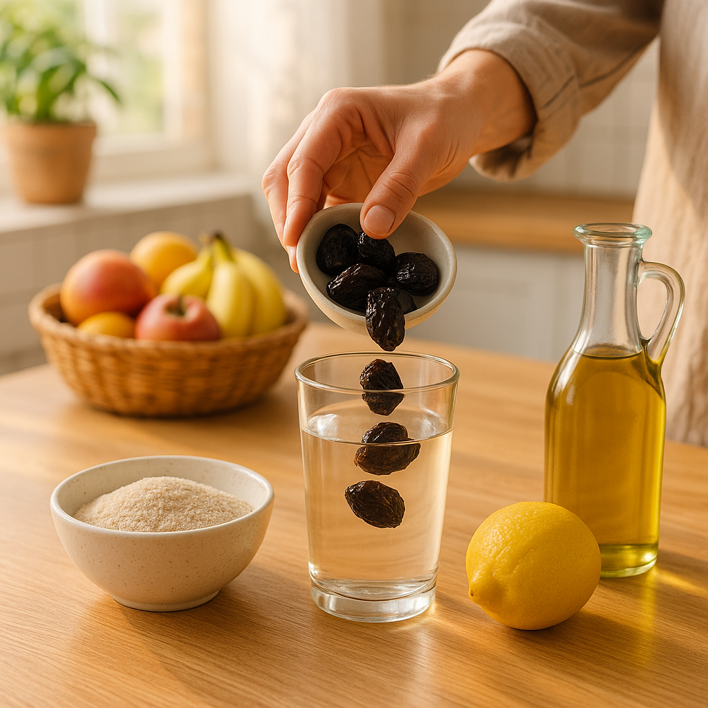 Préparation de remèdes naturels contre la constipation avec des pruneaux, psyllium et citron dans une cuisine lumineuse.