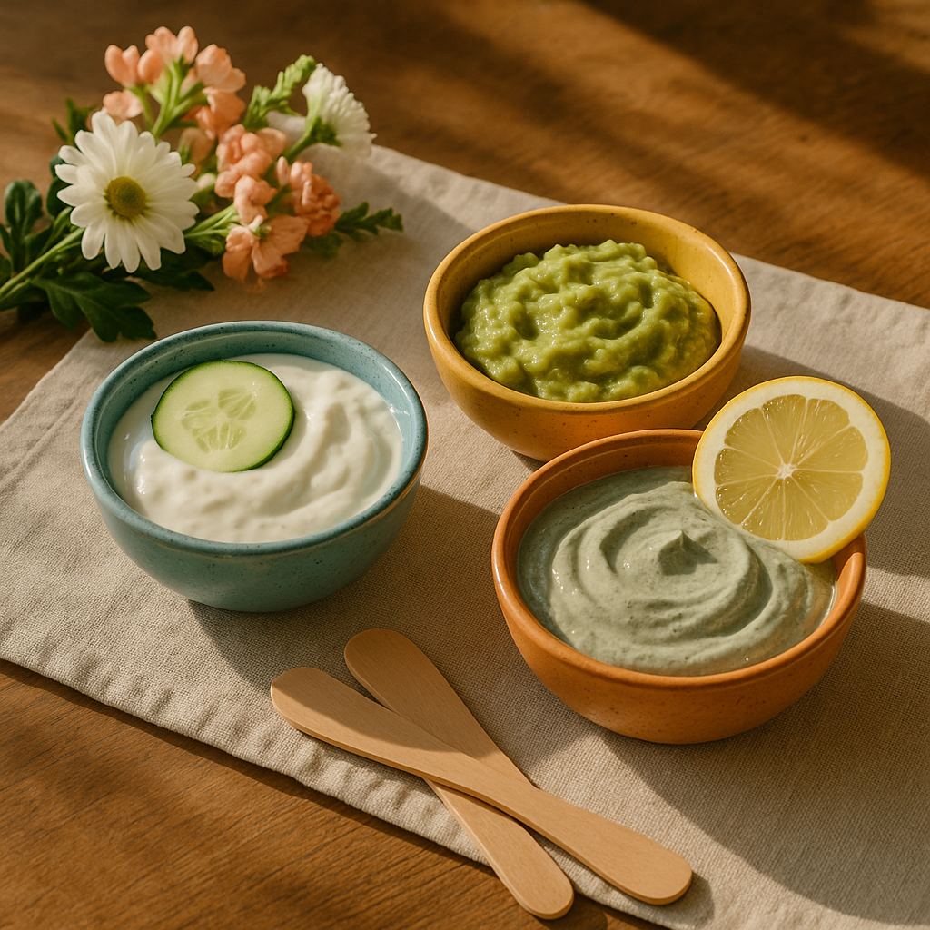 Différents masques visage maison présentés sur une table en bois avec des ingrédients naturels