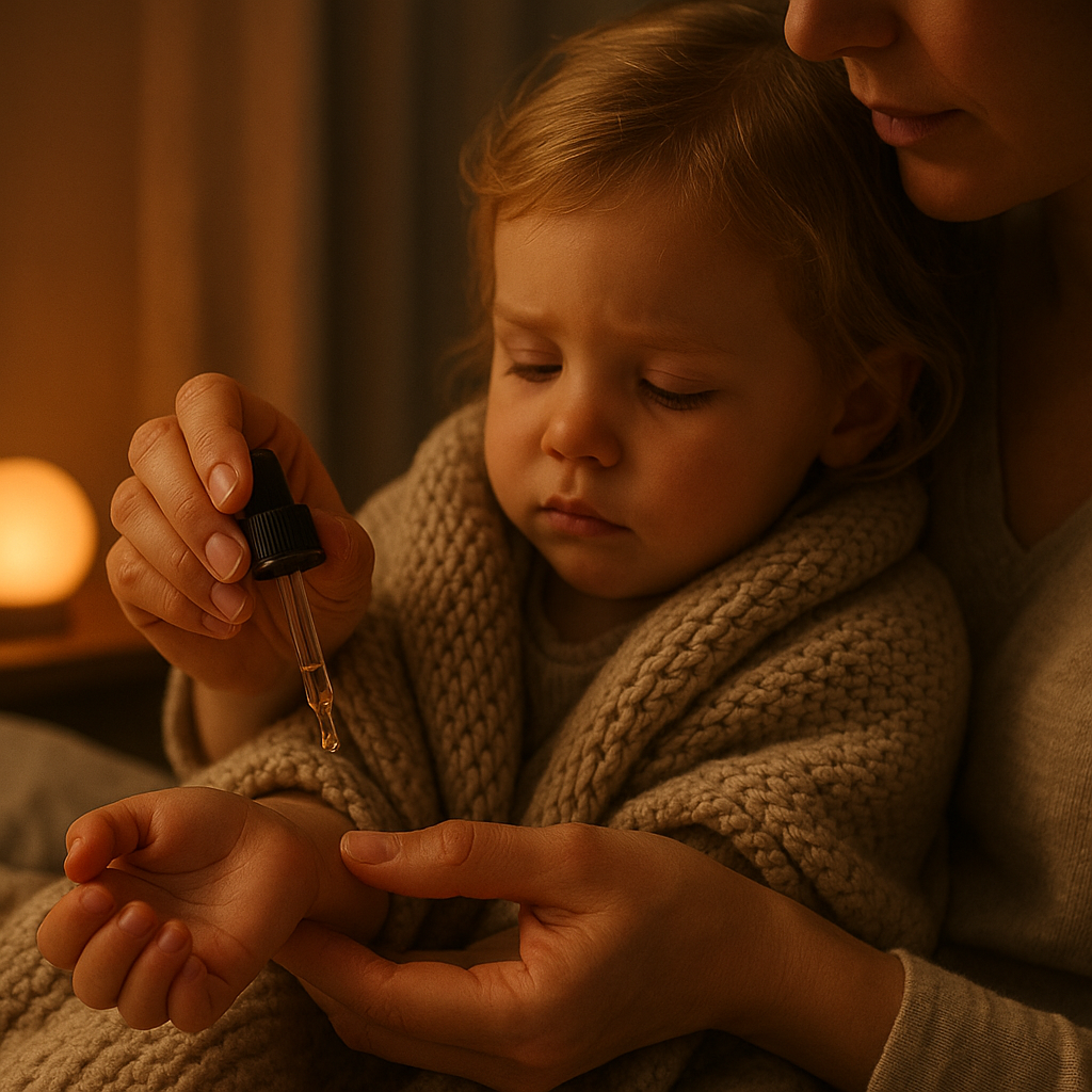 Parent réconfortant un enfant après un cauchemar, application de fleurs de Bach