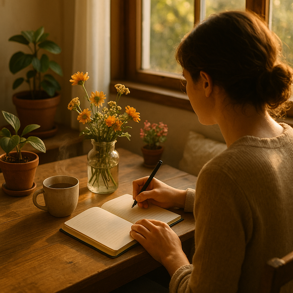 Personne écrivant dans un journal avec un stylo sur une table en bois, entourée de plantes et de lumière douce.