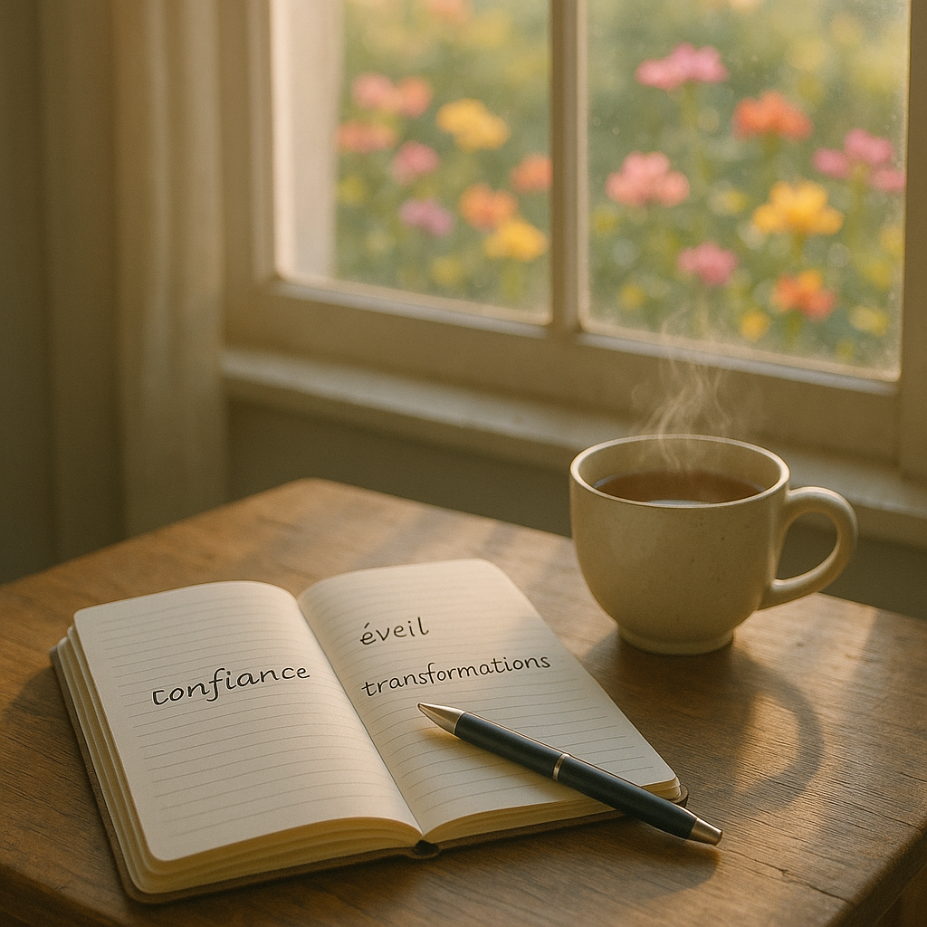 Table en bois avec un carnet, un stylo et une tasse de thé, éclairée par la lumière du matin en arrière-plan d'un jardin fleuri.