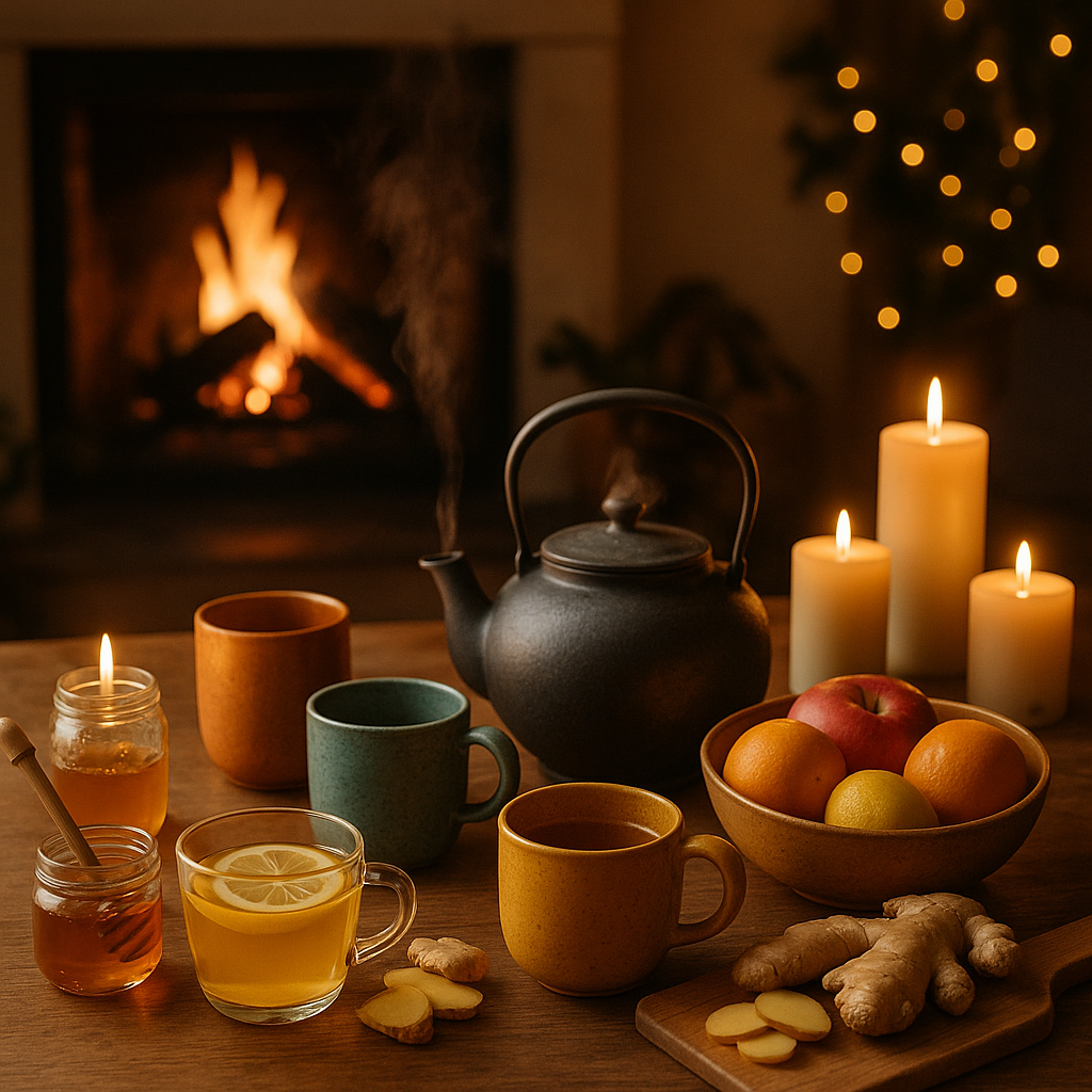 Table dressée pour une soirée d'hiver avec remèdes naturels contre le rhume.