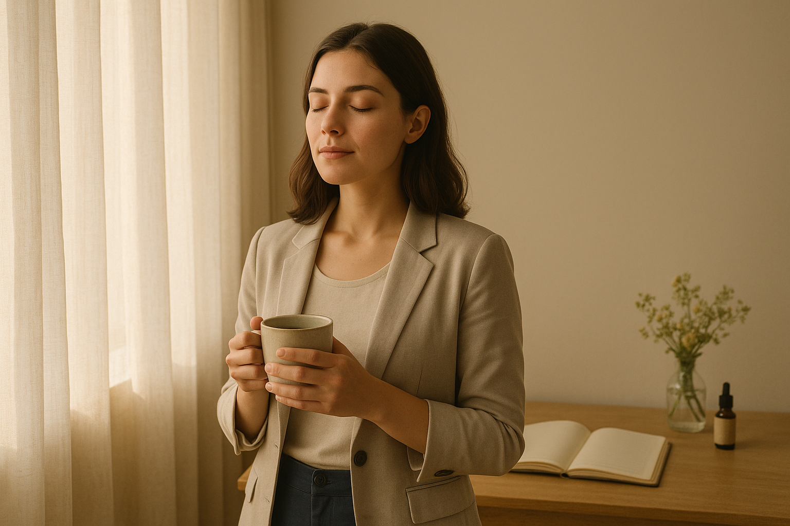 Jeune femme près d'une fenêtre, respirant profondément avant sa journée de travail