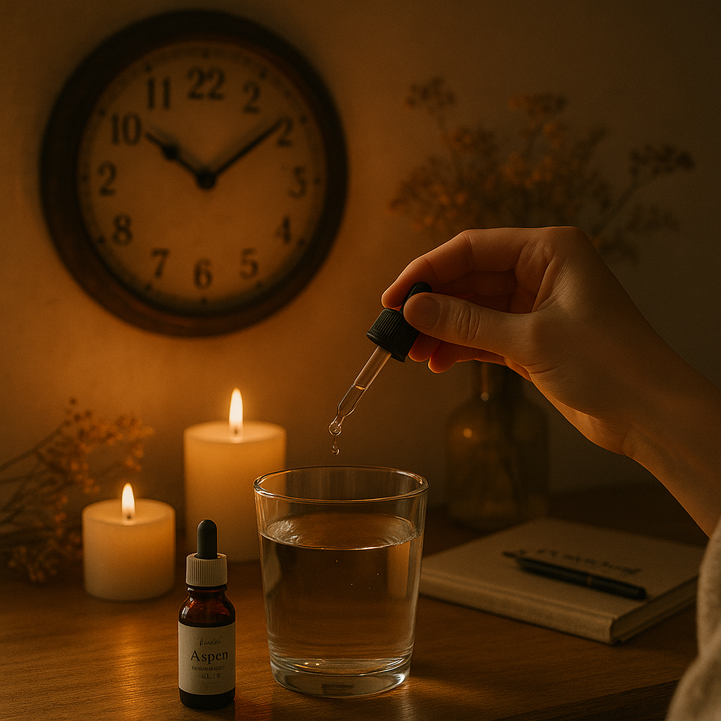 Main versant des gouttes de fleurs de Bach à 22:22 dans une ambiance douce