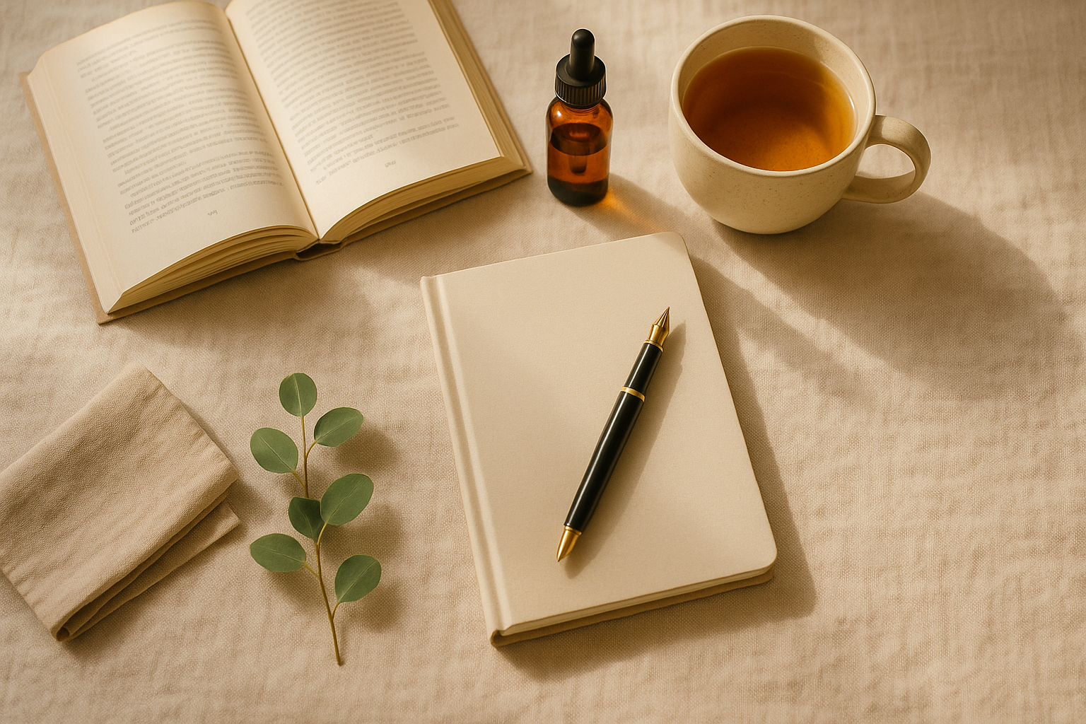 Rituel du matin avec livre ouvert, élixir floral, tisane et carnet de gratitude