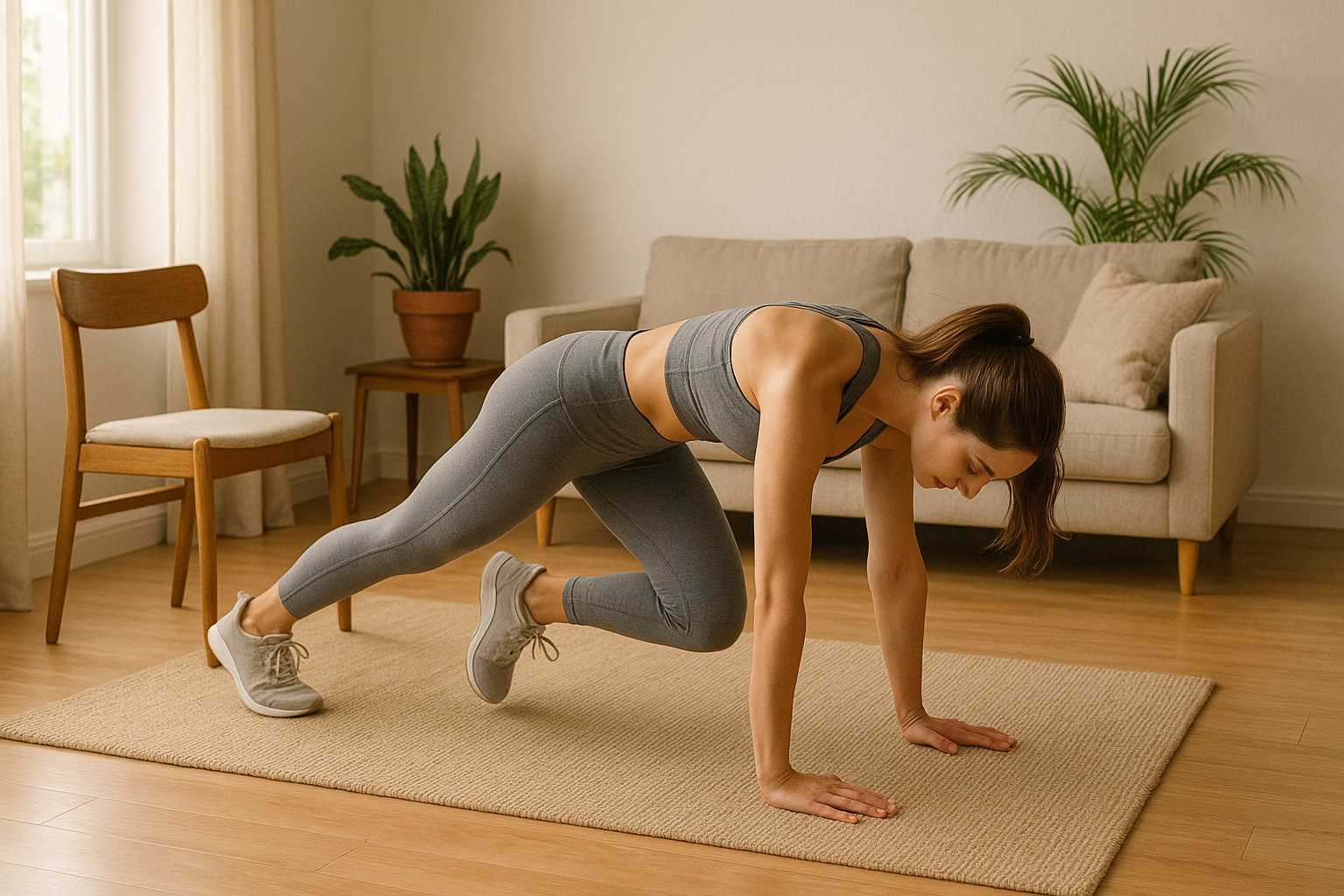 Routine HIIT maison dans un espace lumineux et naturel