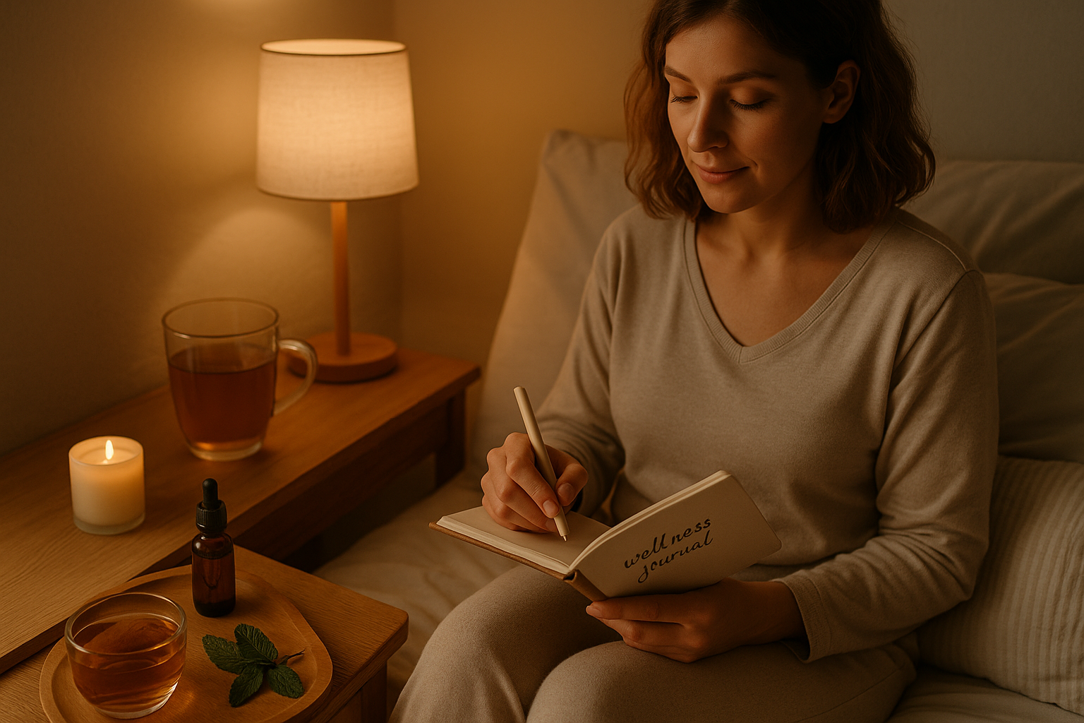 Femme écrivant dans un carnet bien-être avec tisane, fleurs de Bach et ambiance tamisée.