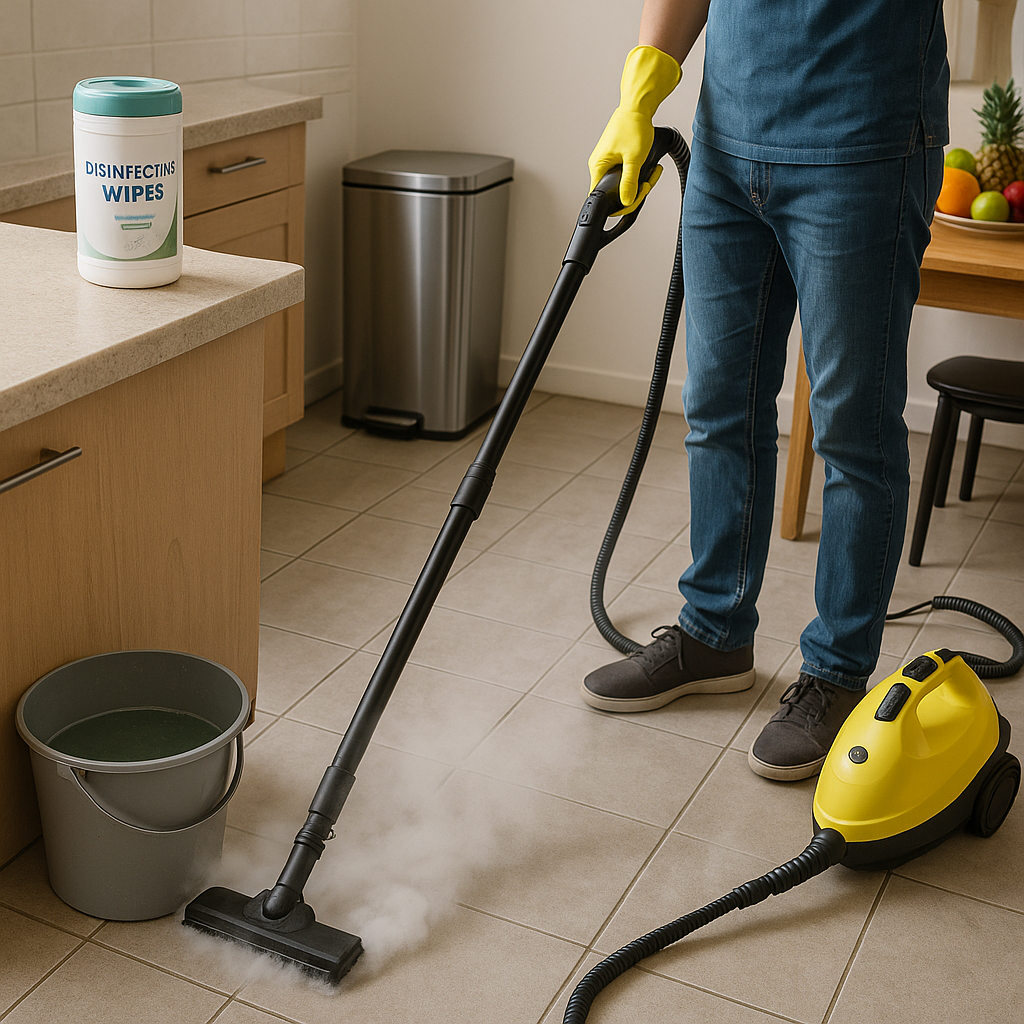 Personne nettoyant une cuisine avec un nettoyeur à vapeur, montrant un espace propre et bien rangé.