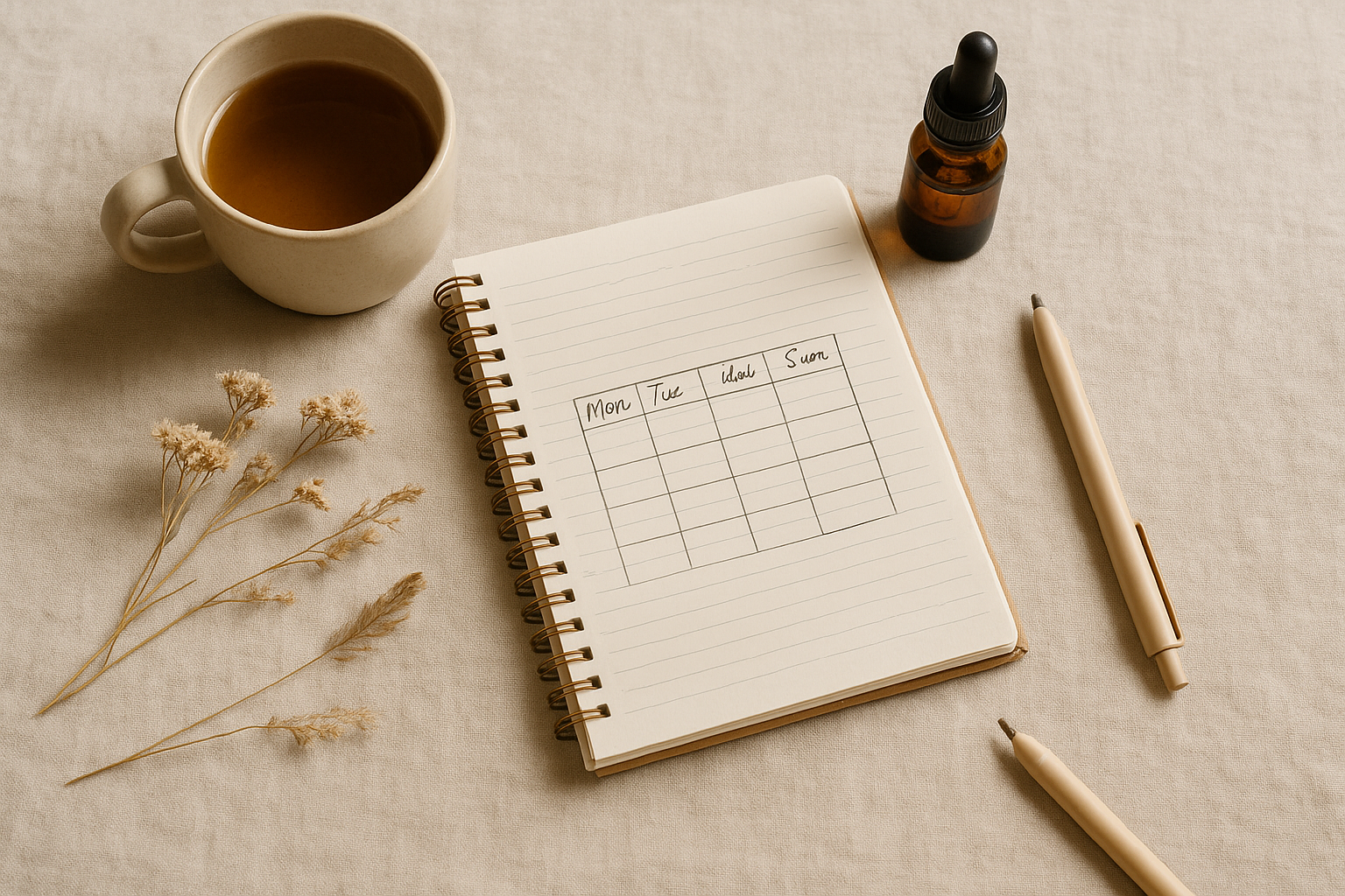 Vue au-dessus d'un carnet de suivi avec flacon de fleurs de Bach et objets apaisants