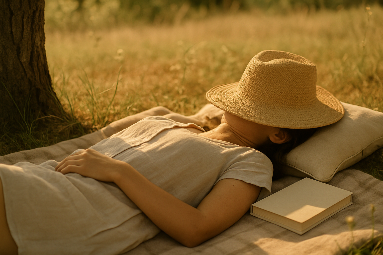 Sieste estivale sous un arbre, avec livre et chapeau posé sur le visage