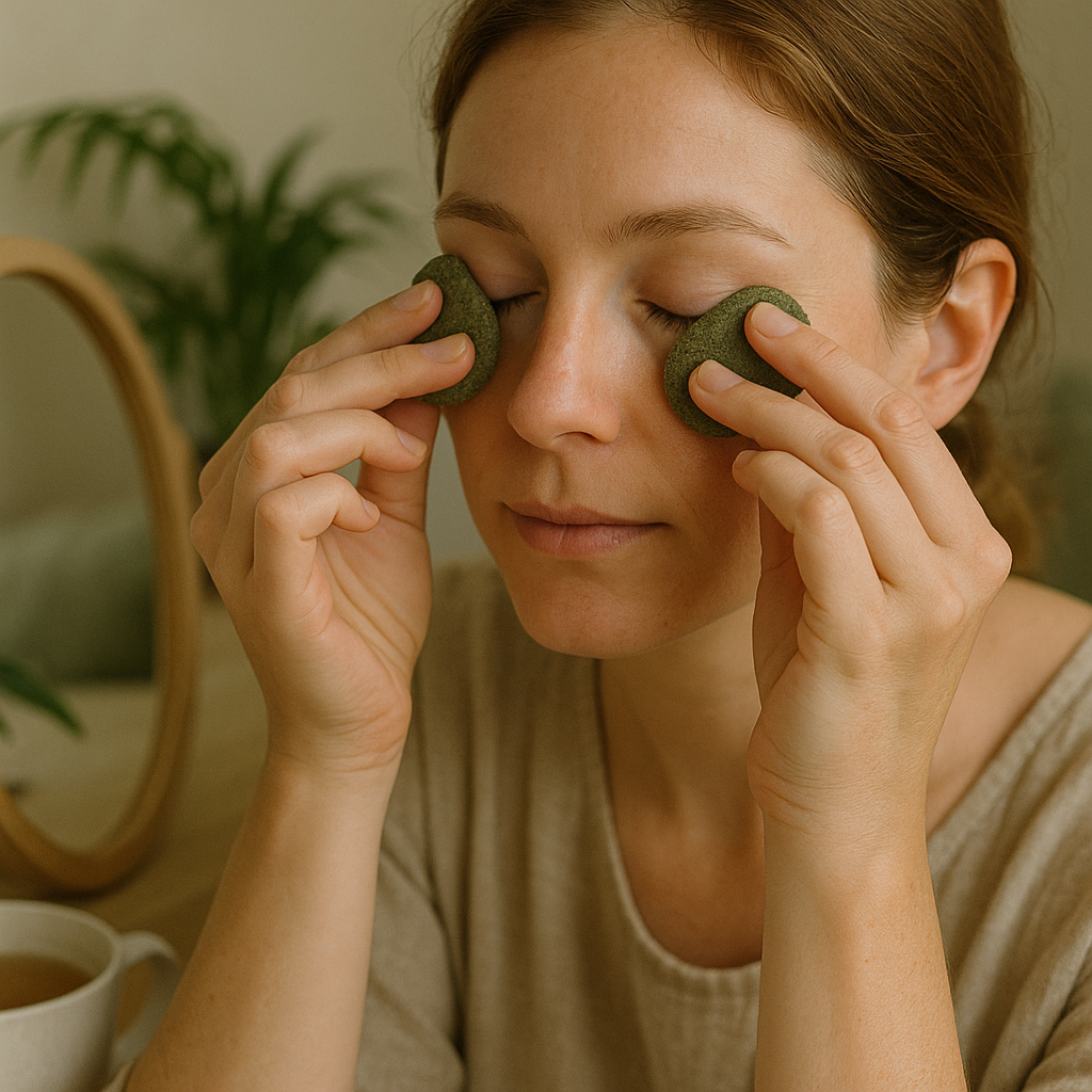 Application de compresses froides sous les yeux dans un cadre apaisant