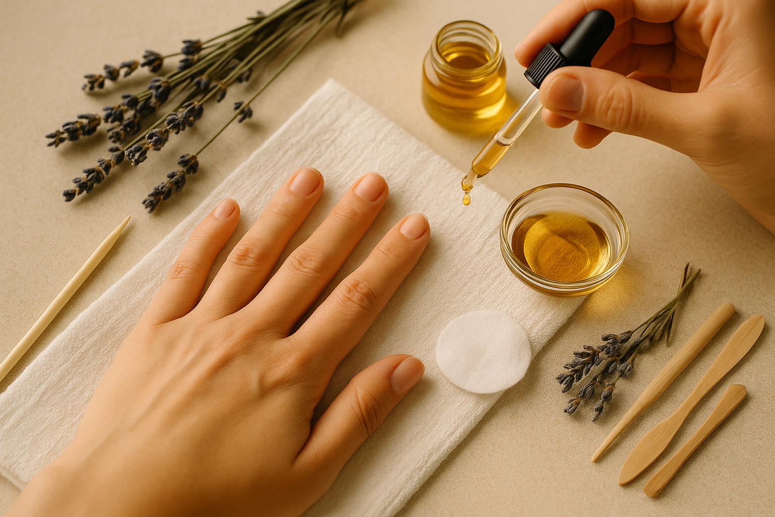 Application d’huile nourrissante sur les ongles après retrait du vernis