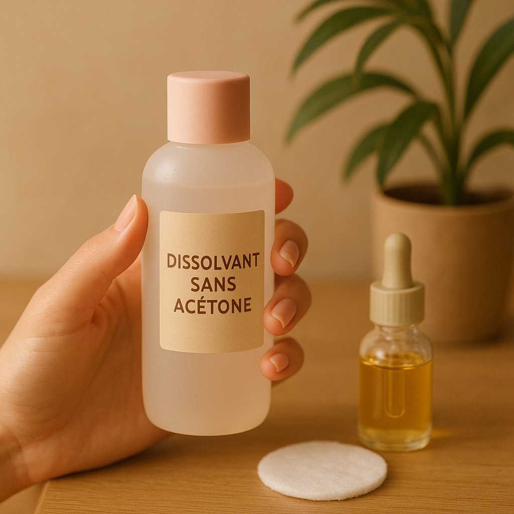 Scène de soins pour les ongles avec un flacon de dissolvant doux et des accessoires naturels, évoquant un moment de détente.