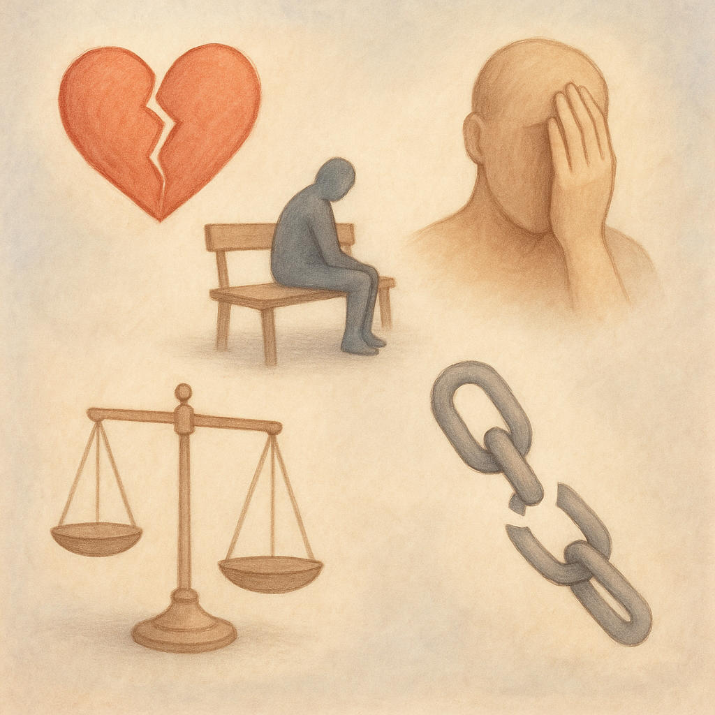 Cinq symboles illustrant les blessures de l'âme, sur un fond apaisant.