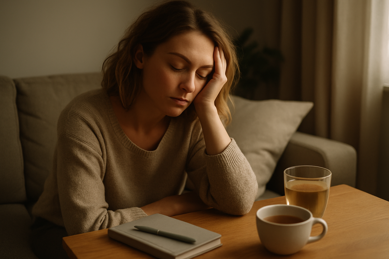 Jeune femme fatiguée et pensive, illustrant les effets d’une carence en vitamine B12