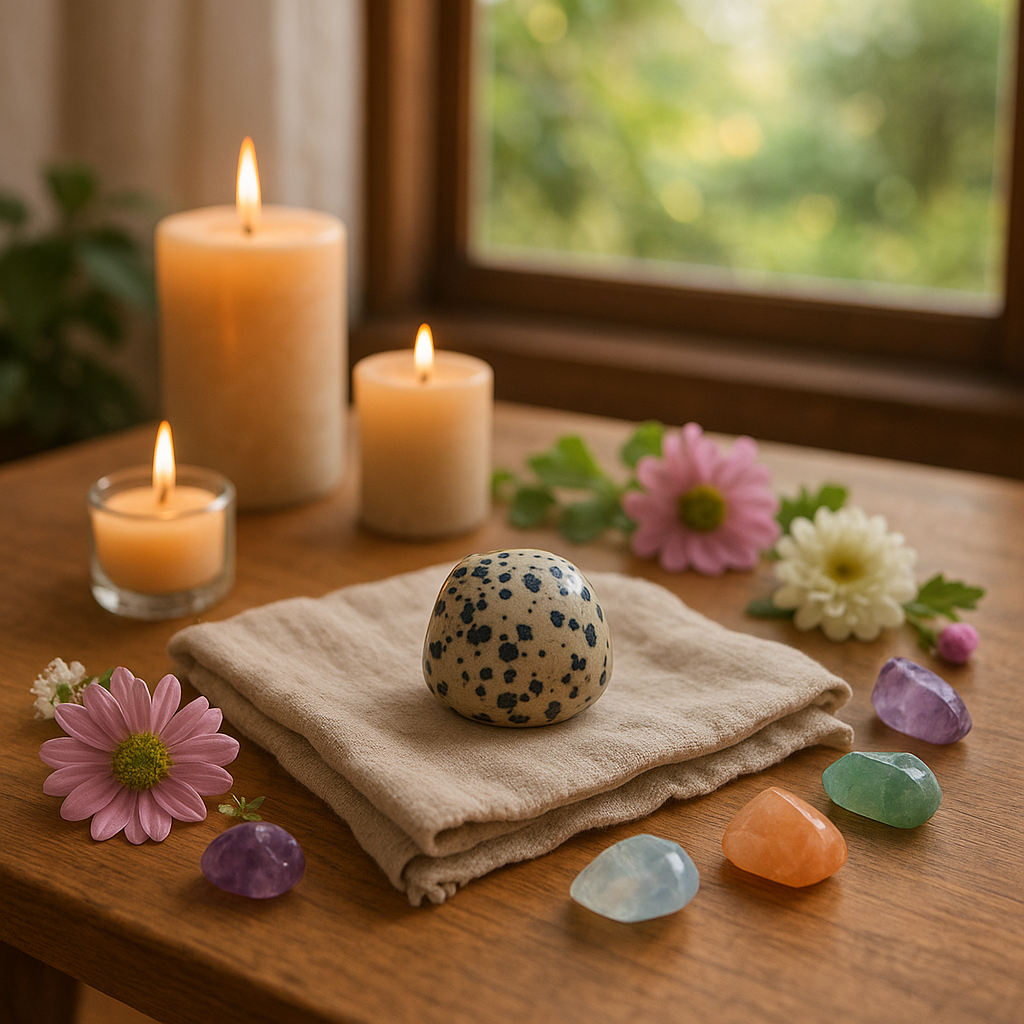 Une table de méditation avec un jaspe dalmatien, des bougies, des fleurs et des cristaux, évoquant une atmosphère de paix et de sérénité.