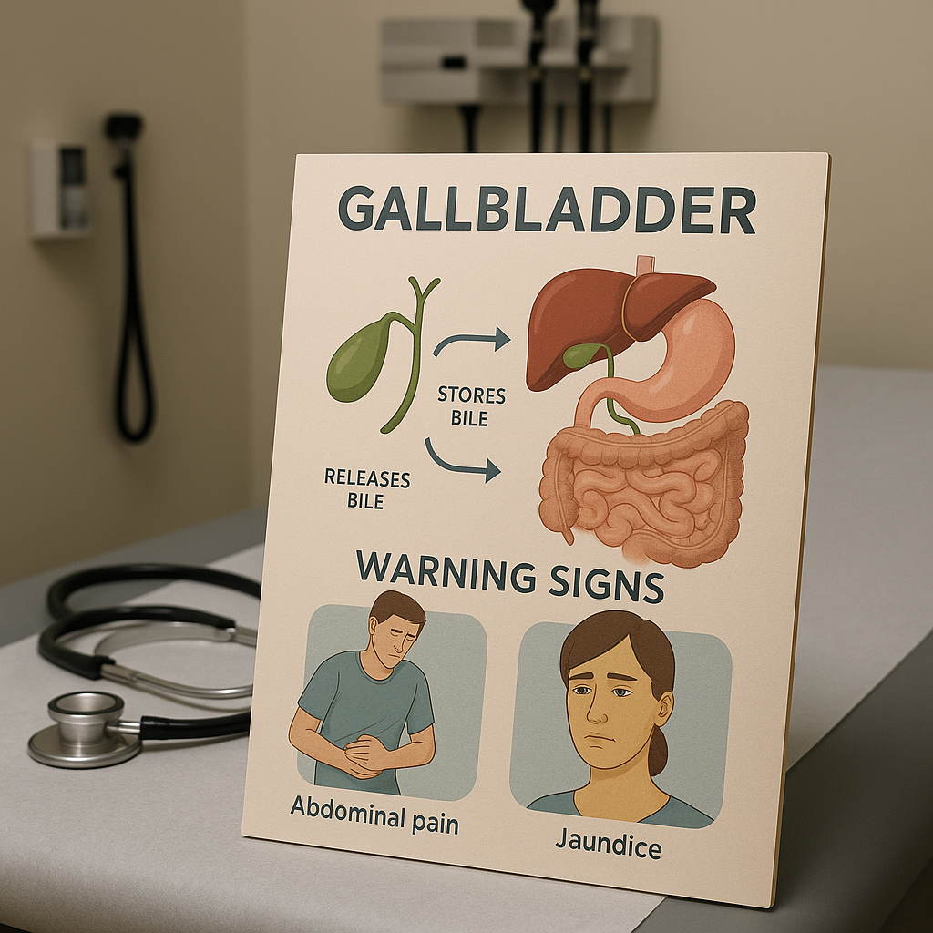 Tableau d'informations médicales sur la vésicule biliaire avec illustrations et symptômes associés.