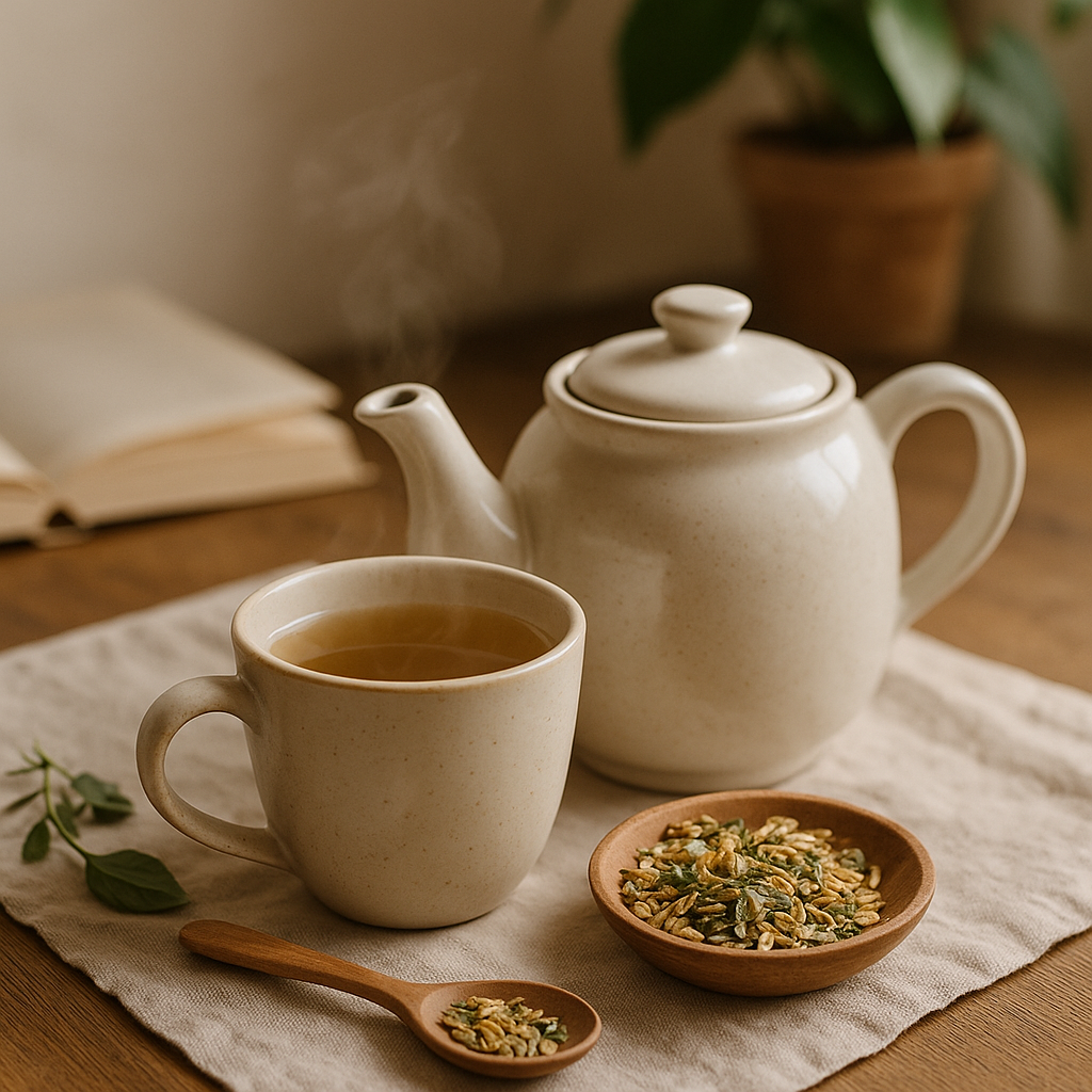 Tisane aux plantes digestives dans une tasse en céramique, ambiance naturelle et apaisante