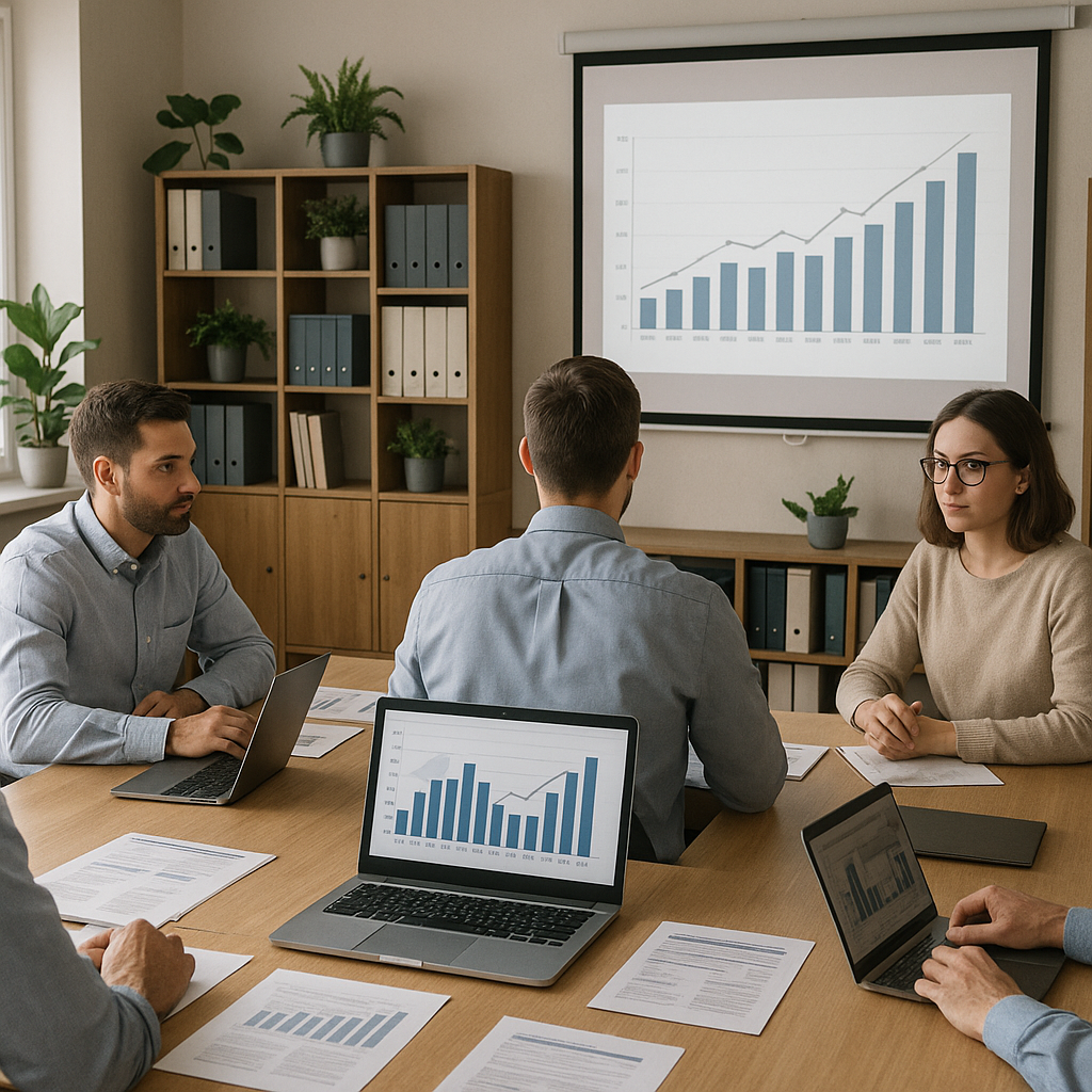 Scène de travail d'équipe dans un bureau organisé, illustrant les caractéristiques du chemin de vie 4.