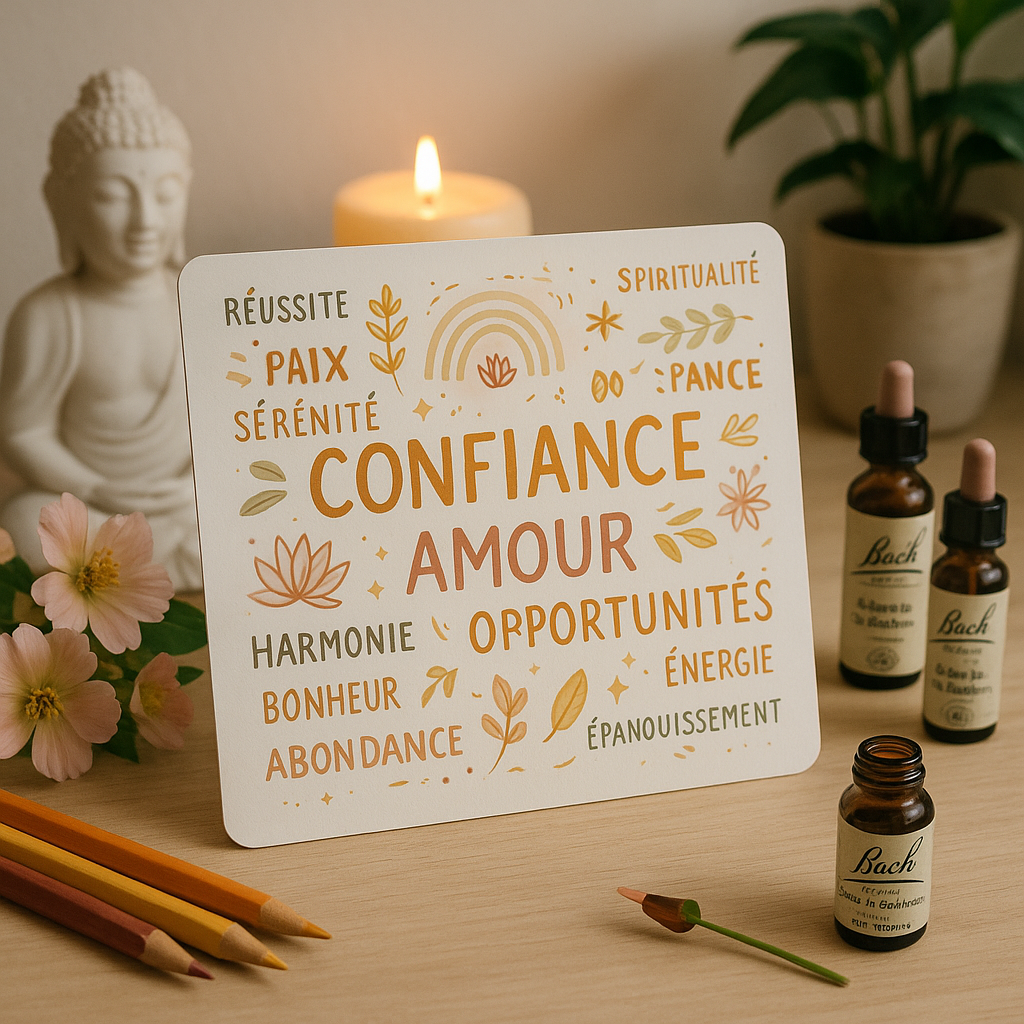 Table de travail décorée avec un tableau de visualisation et des fleurs de Bach