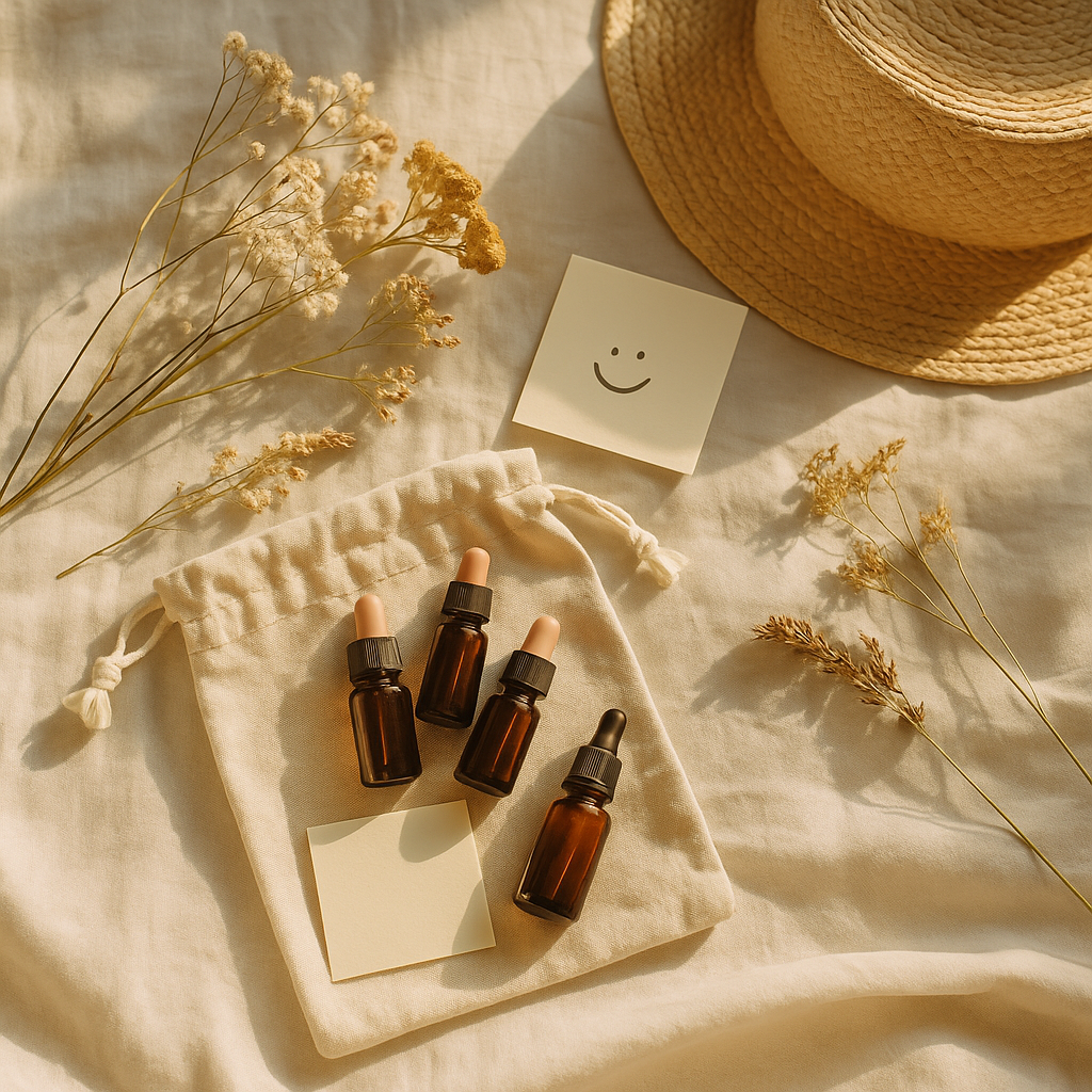 Pochette d'été contenant élixirs floraux, mot doux et fleurs séchées