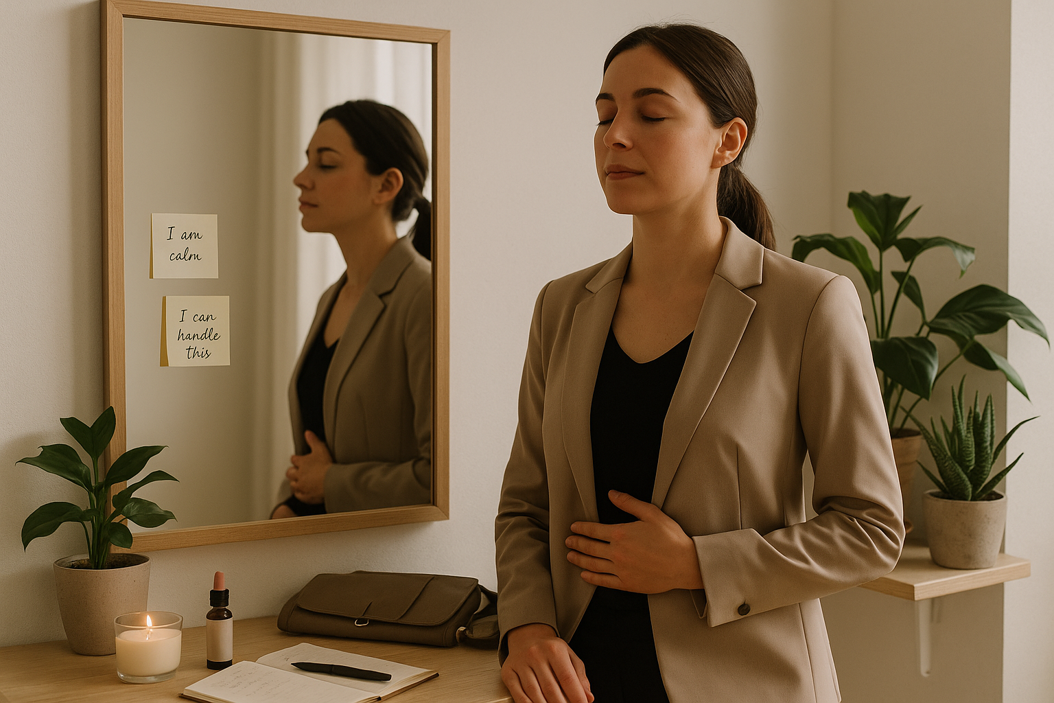 Femme préparant une réunion avec posture ancrée et respiration