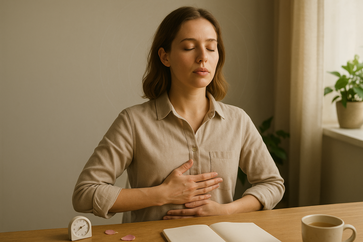 Femme effectuant un exercice de respiration devant son bureau, aura apaisante autour d'elle