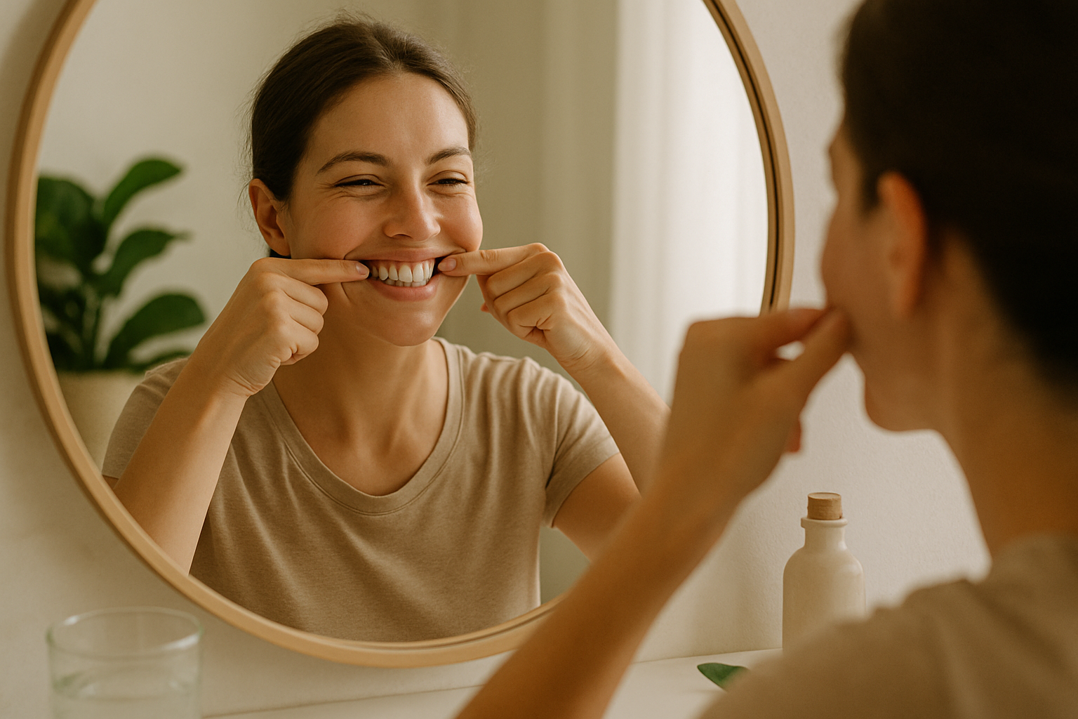 Femme pratiquant des exercices de gymnastique faciale devant un miroir